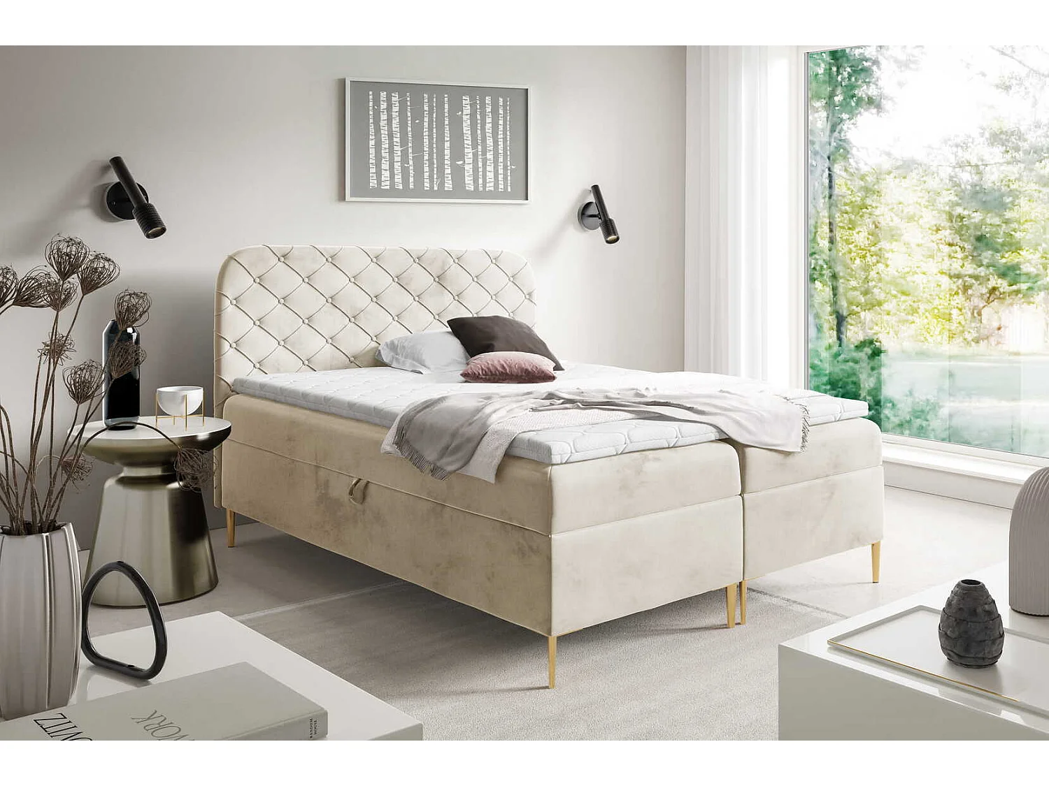 Łóżko kontynentalne 180x200 Elara, chesterfield, z pojemnikiem i materacem H3, kremowy