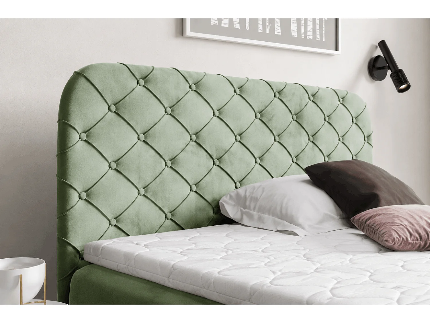Łóżko kontynentalne 160x200 Elara, chesterfield, z pojemnikiem i materacem H3, khaki