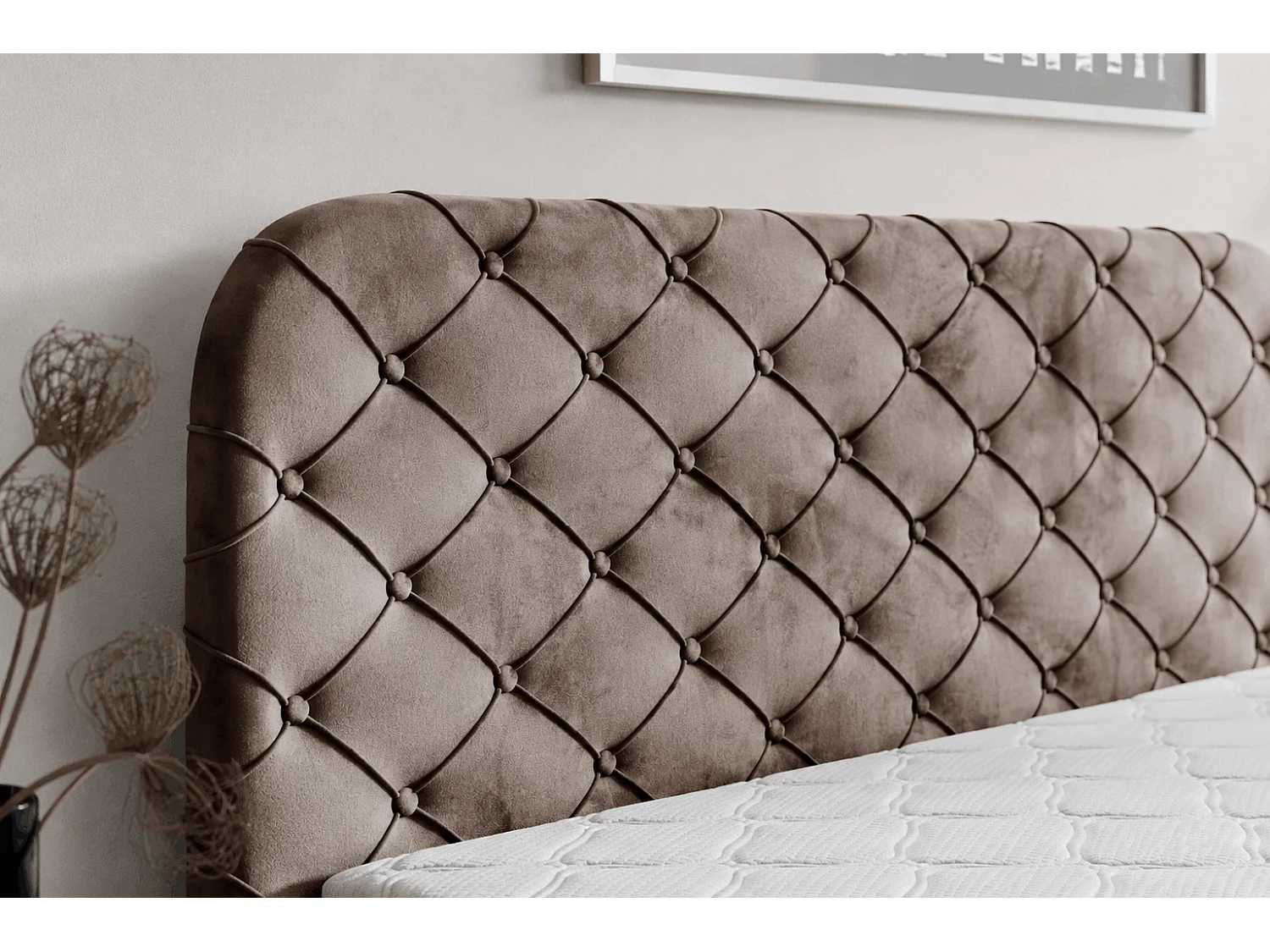Łóżko kontynentalne 180x200 Elara, chesterfield, z pojemnikiem i materacem H3, brązowy