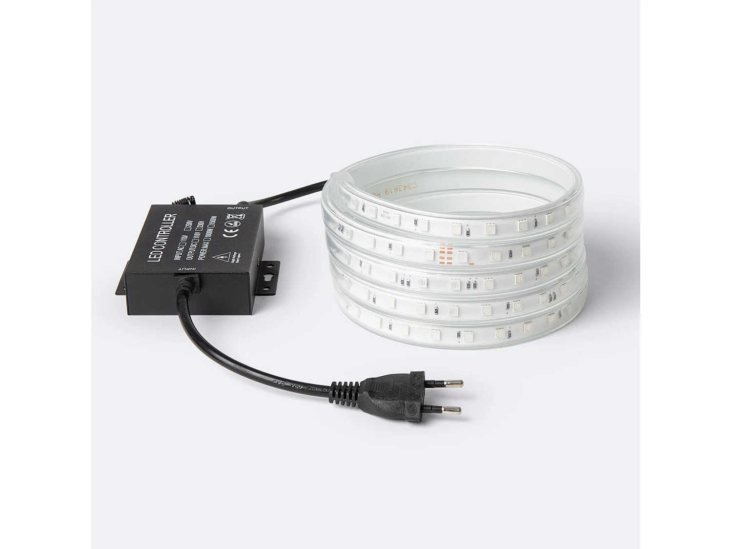 Ruban LED RGB 220V SMD 60 LED/m 9.5W/m Largeur 14.5mm Coupe 100cm IP65 avec Télécommande RF Sur Mesure RGB 25 m
