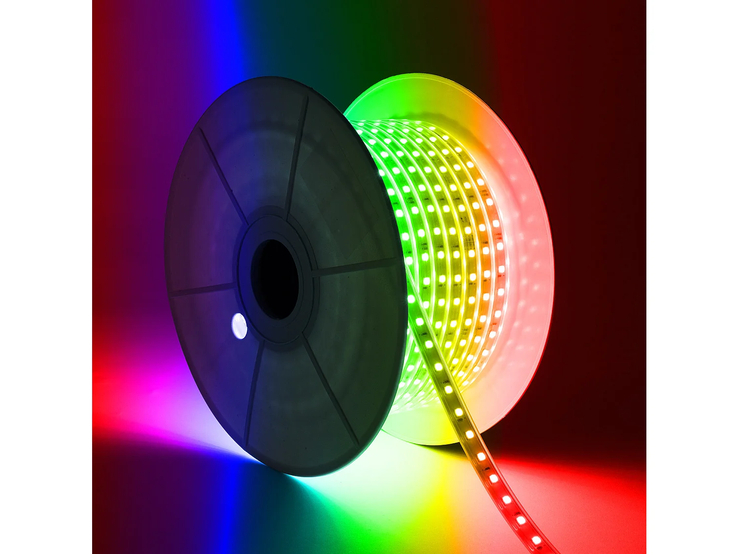 Ruban LED RGB 220V SMD 60 LED/m BOBINE 50m 9,5W/m Largeur 14,5mm Coupe 100cm IP65 avec Télécommande IR RGB