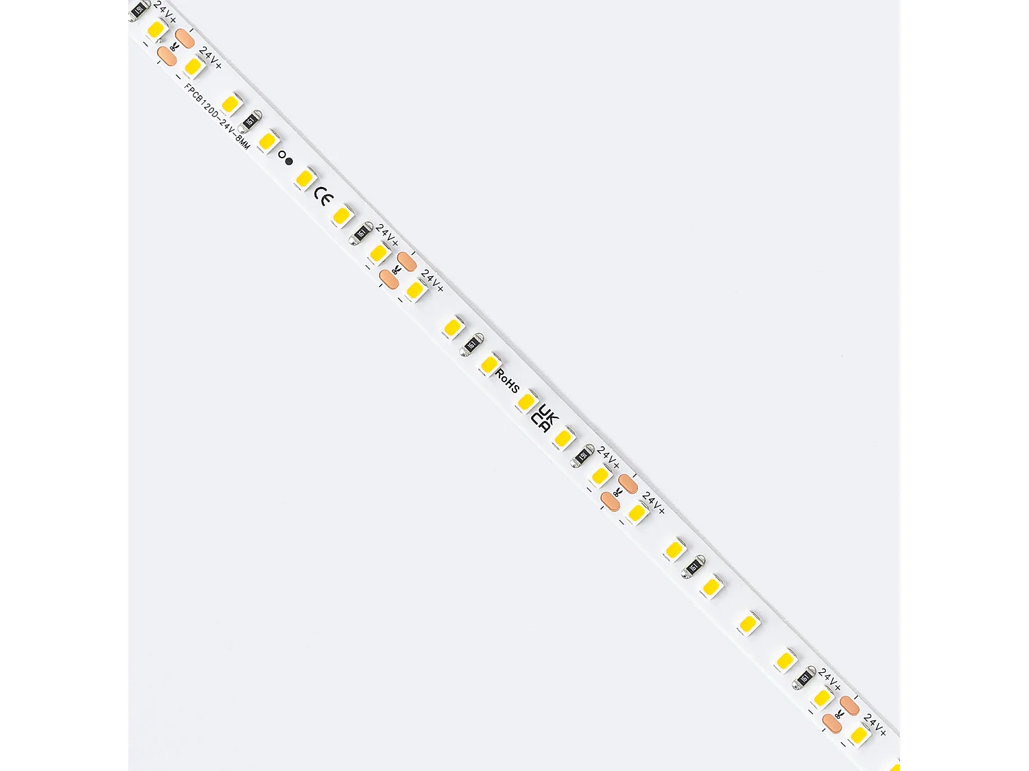 Ruban LED 24V SMD 120 LED/m BOBINE 20m 10W/m 1100lm/m Largeur 8mm Coupe 5cm IP20 2700K Blanc chaud