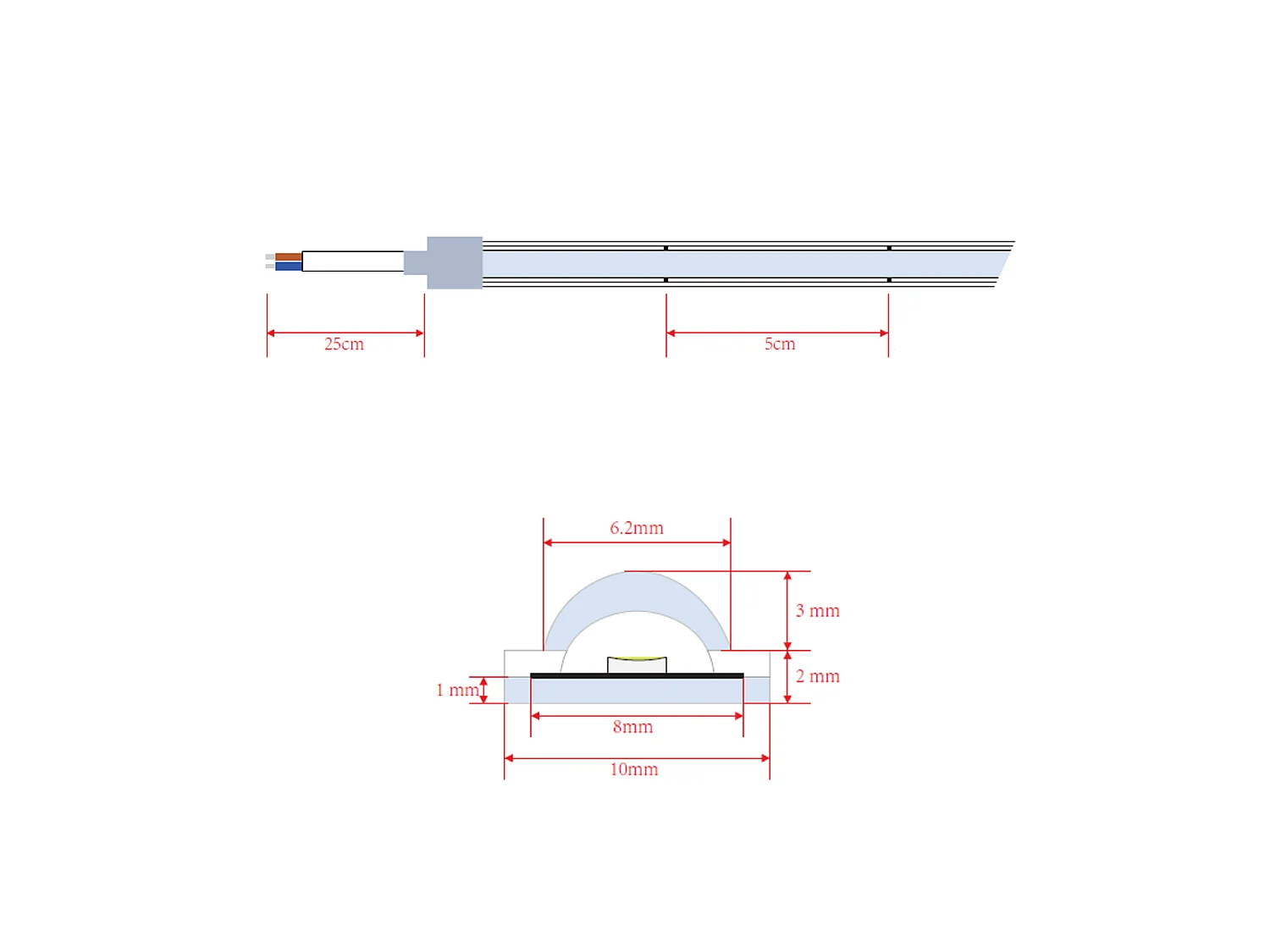 Ruban LED Dimmable 220V WCOB Auto-redressement 260 LED/m 15W/m 1350lm/m SILICONE FLEX Largeur 10mm IP65 Coupe 5cm Sur mesure 5000K Blanc froid 25 m