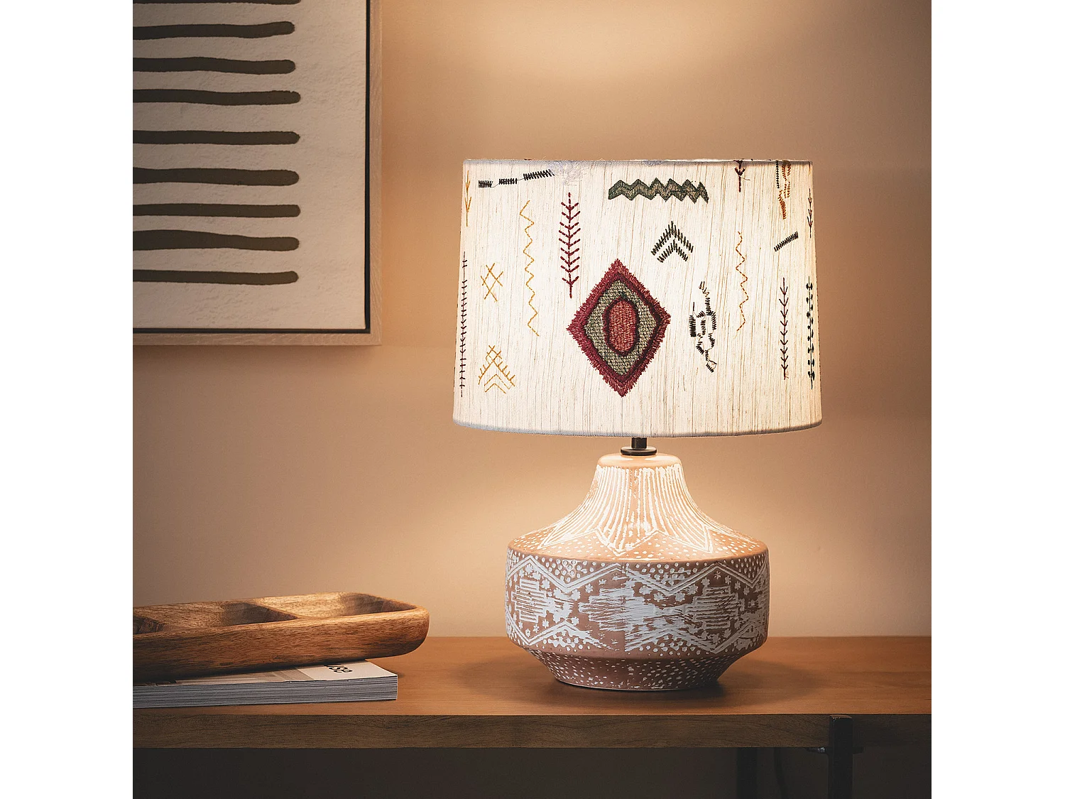 Lámpara de Mesa en Tela y Cerámica Agra Multicolor