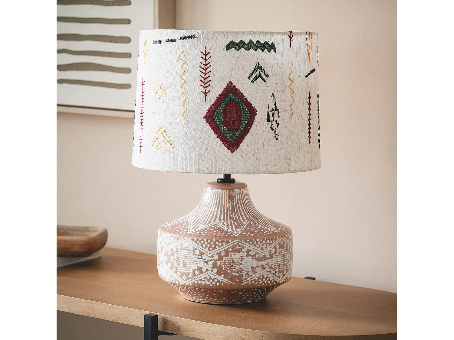 Lámpara de Mesa en Tela y Cerámica Agra Multicolor