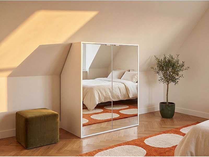 2-door under-eaves wardrobe with mirror - White - L91.3 x H110 cm