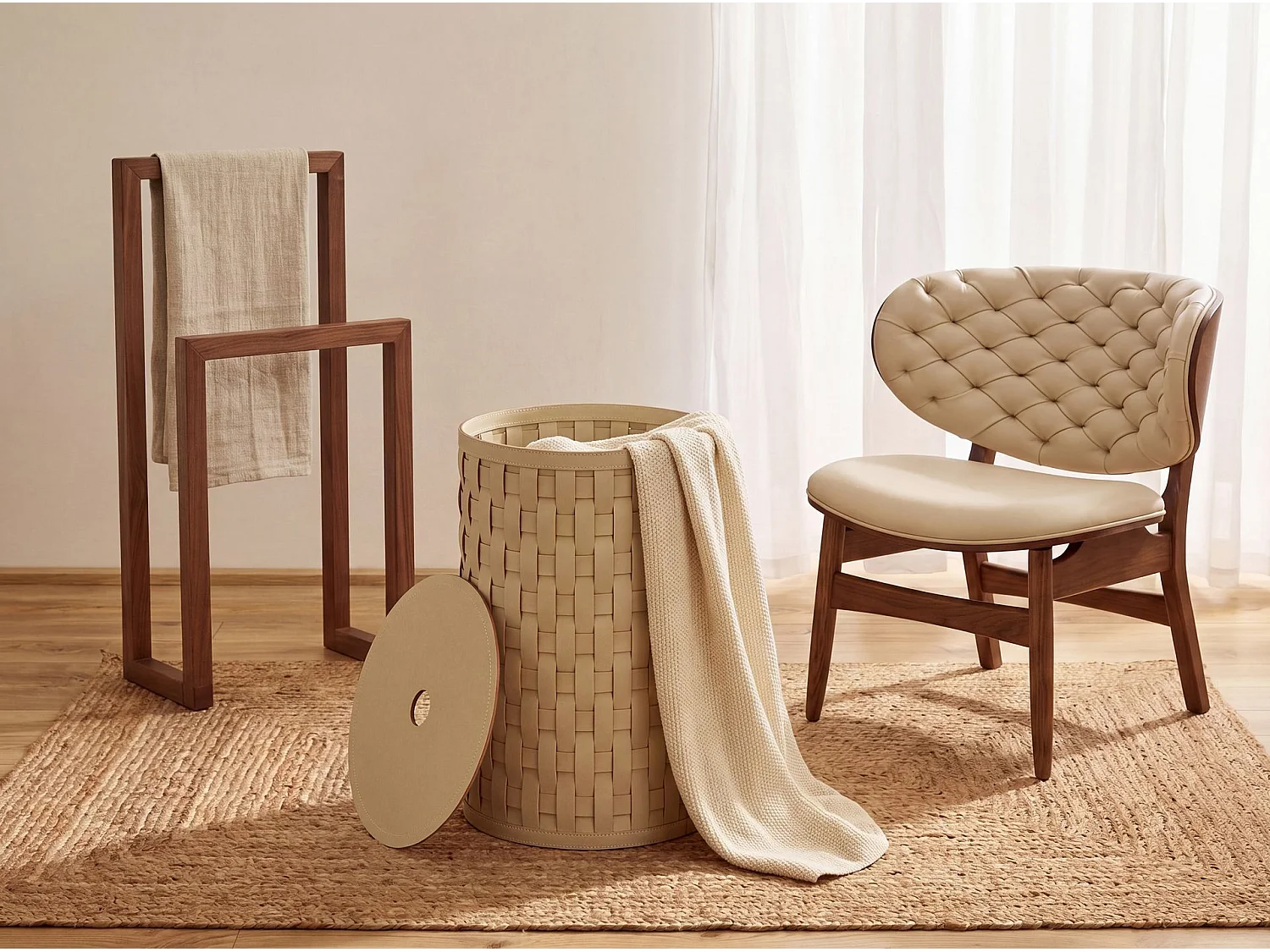 Panier de rangement décoratif cylindrique en cuir régénéré couleur sable avec couvercle 3309 ANGEL CERDA