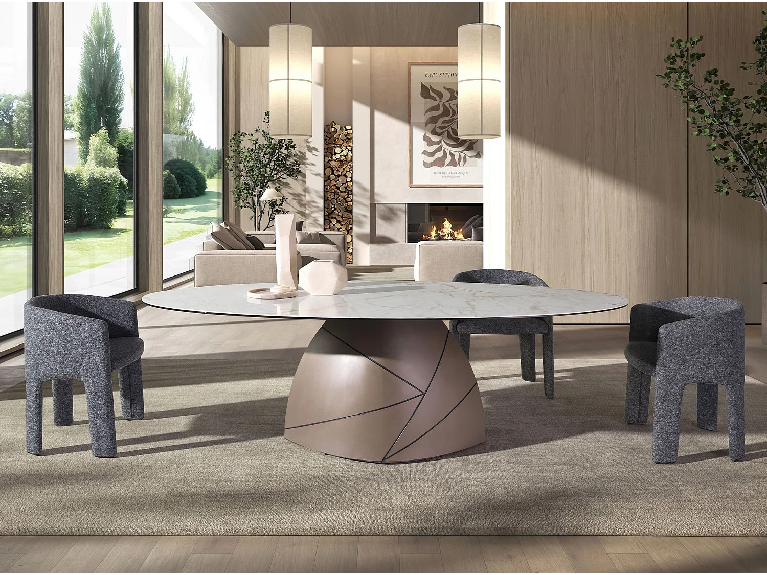 Owalny stół jadalniany z marmuru porcelanowego i metalicznej stali w kolorze taupe 1206 ANGEL CERDA