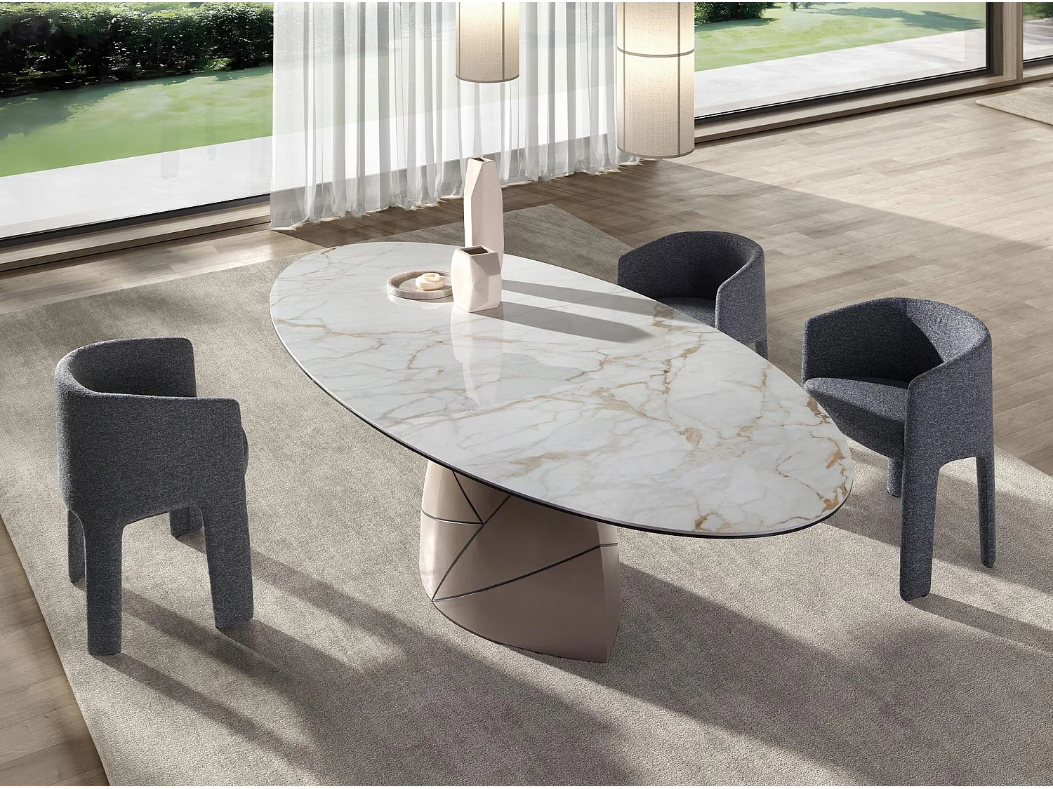 Owalny stół jadalniany z marmuru porcelanowego i metalicznej stali w kolorze taupe 1206 ANGEL CERDA