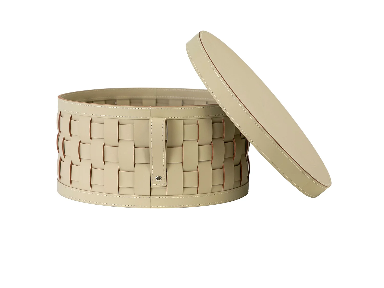 Panier de rangement décoratif rond en cuir régénéré couleur sable avec couvercle 3304 ANGEL CERDA