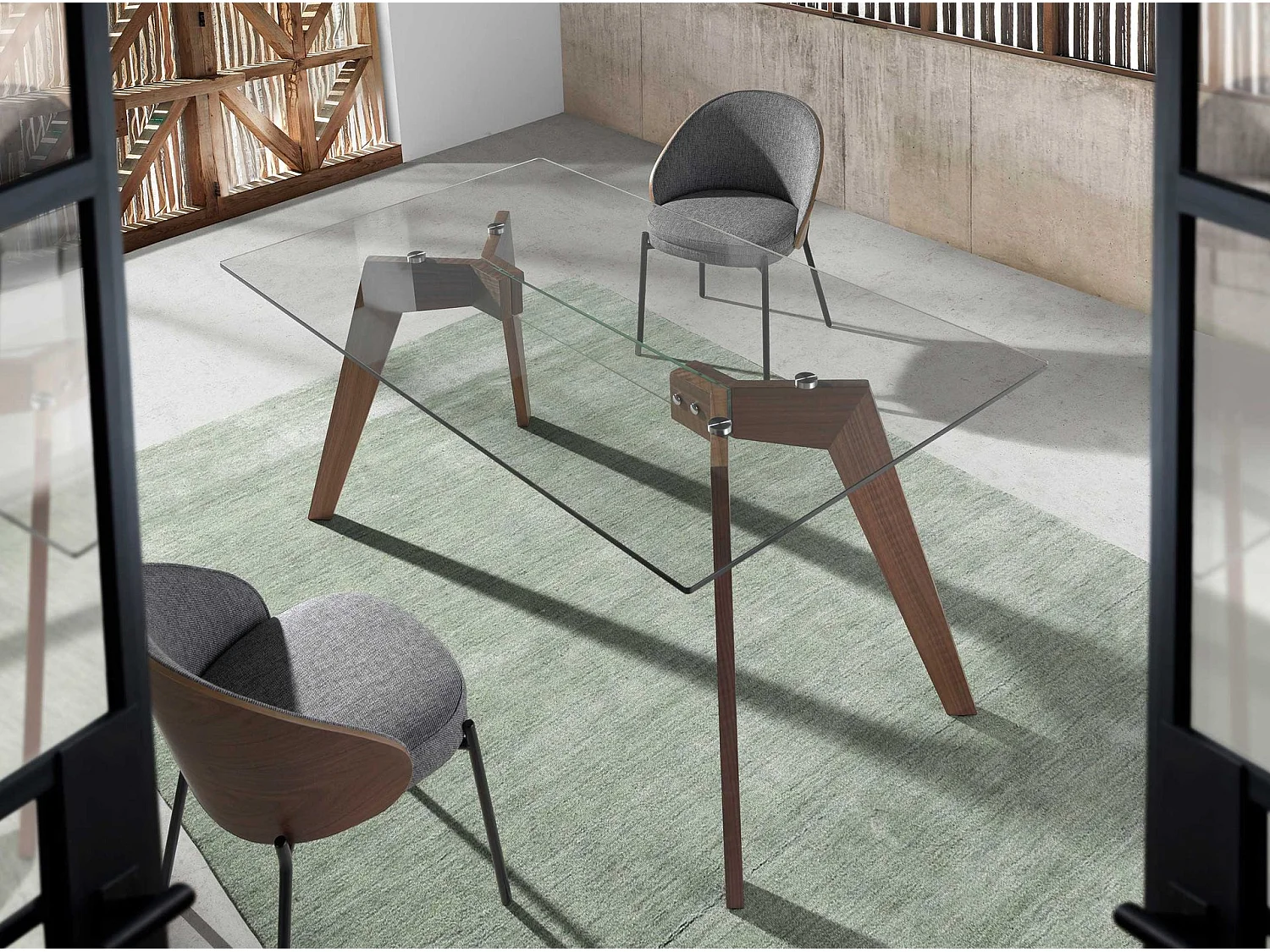 Mesa comedor rectangular cristal templado y nogal 1031-150x95 ANGEL CERDA