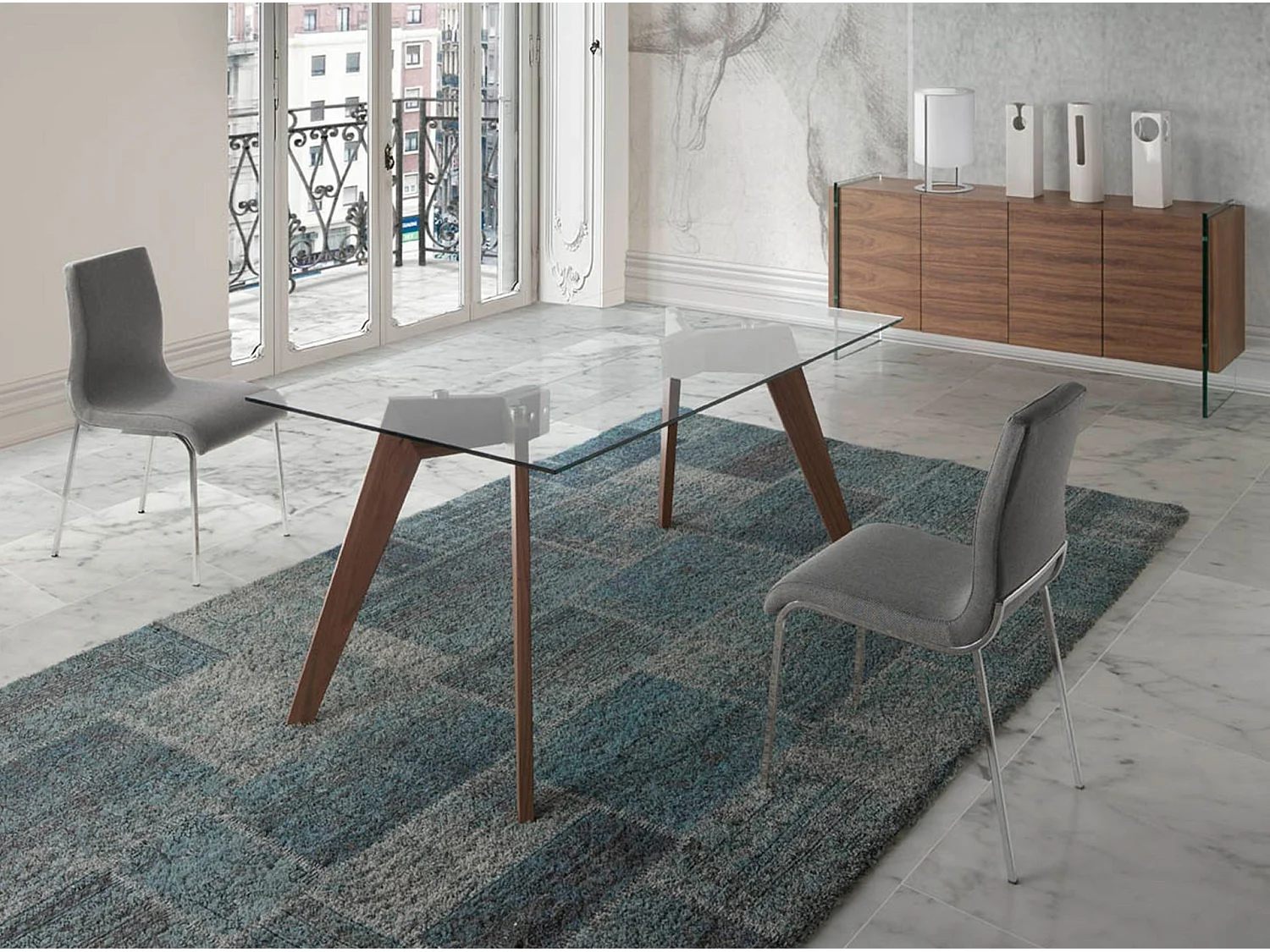 Mesa comedor rectangular cristal templado y nogal 1031-150x95 ANGEL CERDA