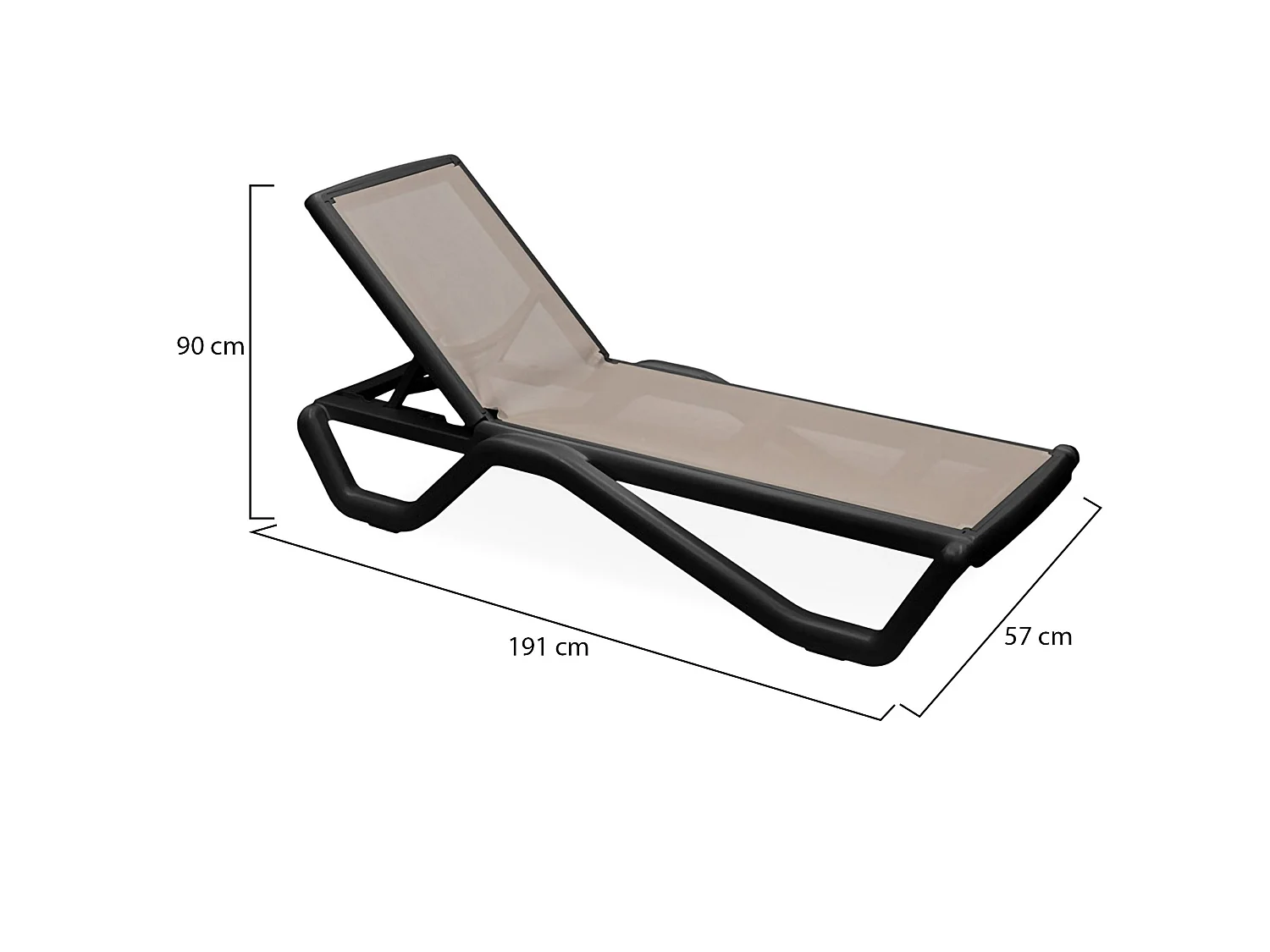 Lettino Prendisole Rochelle, Impilabile, Regolabile 4 Posizioni Made in Italy, 191x57x90h cm Nero Antracite, Sdraio da Giardino