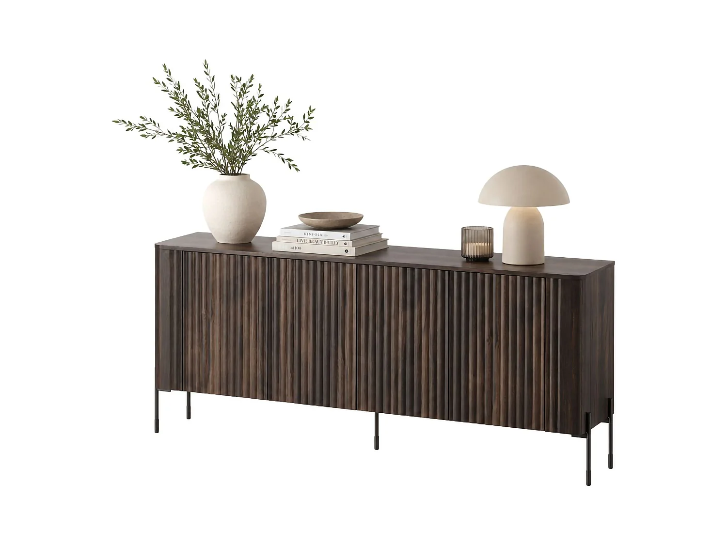 Credenza Laion, 4 Regalböden, 190x40x80h cm Nussbaum, Anrichte, Flügeltüren, 4 Türen