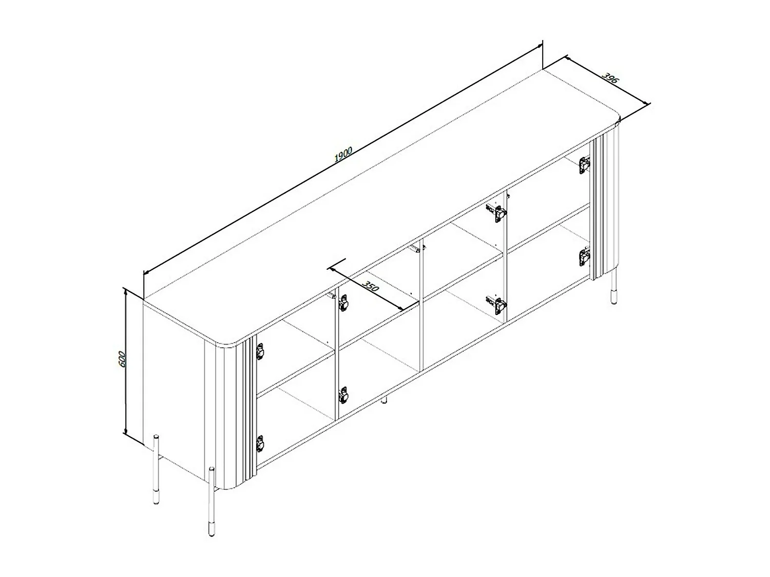 Credenza Laion, 4 Regalböden, 190x40x80h cm Nussbaum, Anrichte, Flügeltüren, 4 Türen