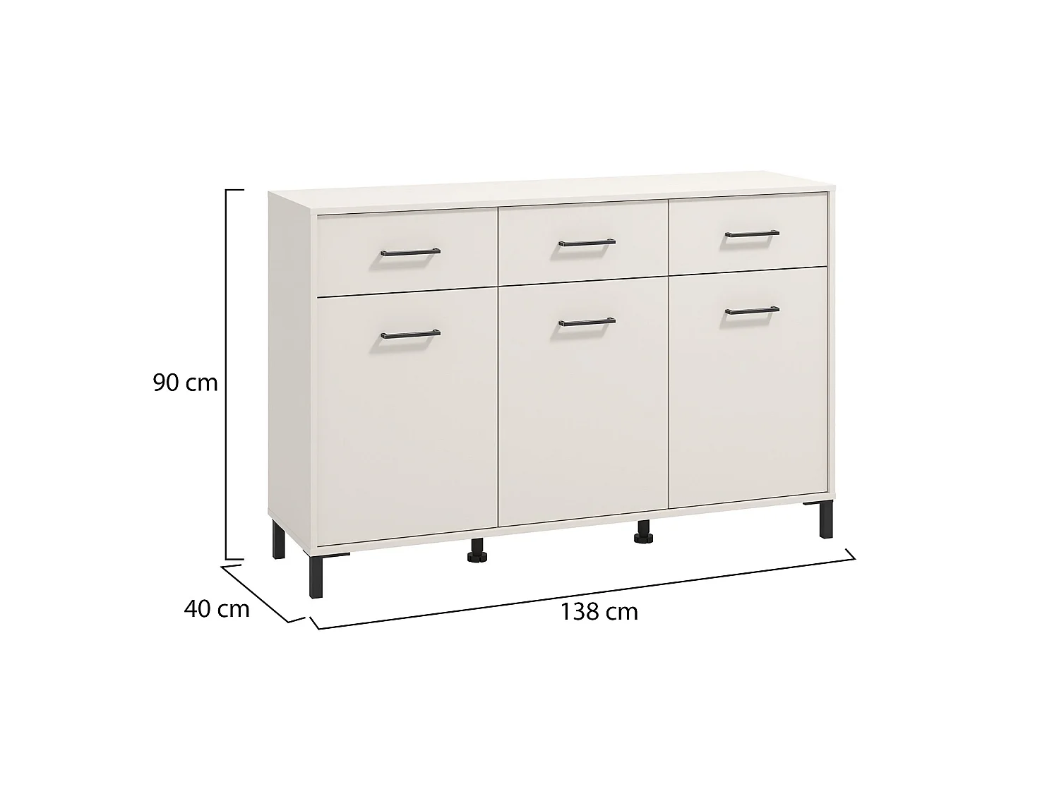 Buffet Laerru, 3 tiroirs, 138x40x90h cm Blanc Crème, Enfilade, 3 étagères, Portes battantes, Coulissante