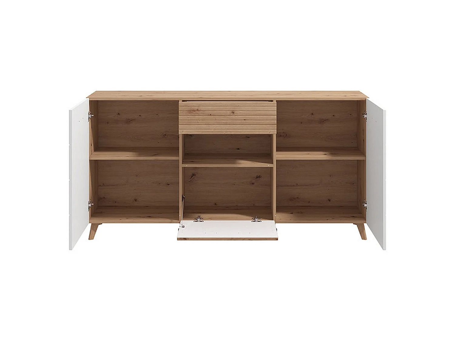 Sideboard Morlupo, eine Schublade, 173x42x88h cm Weiß, Anrichte, 3 Einlegeböden, Türanschlag, Klappe, Schiebetür