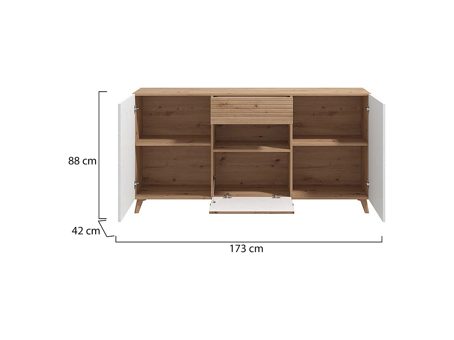 Sideboard Morlupo, eine Schublade, 173x42x88h cm Weiß, Anrichte, 3 Einlegeböden, Türanschlag, Klappe, Schiebetür