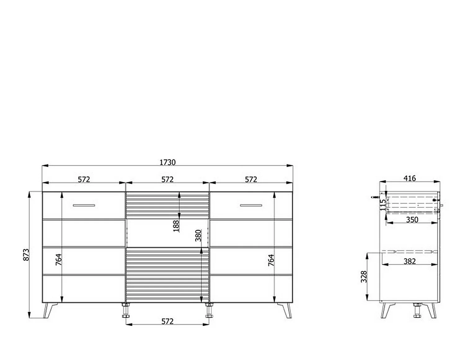 Sideboard Morlupo, eine Schublade, 173x42x88h cm Weiß, Anrichte, 3 Einlegeböden, Türanschlag, Klappe, Schiebetür