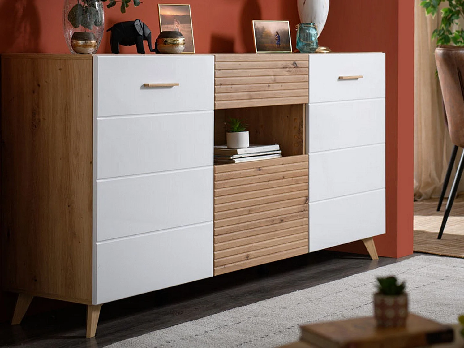 Sideboard Morlupo, eine Schublade, 173x42x88h cm Weiß, Anrichte, 3 Einlegeböden, Türanschlag, Klappe, Schiebetür