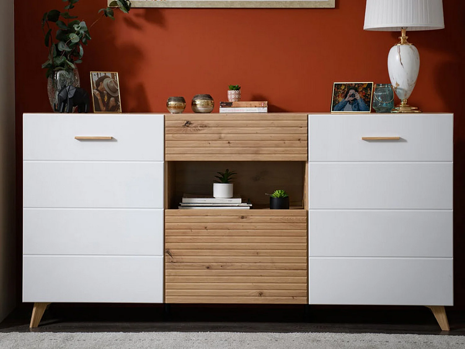 Sideboard Morlupo, eine Schublade, 173x42x88h cm Weiß, Anrichte, 3 Einlegeböden, Türanschlag, Klappe, Schiebetür