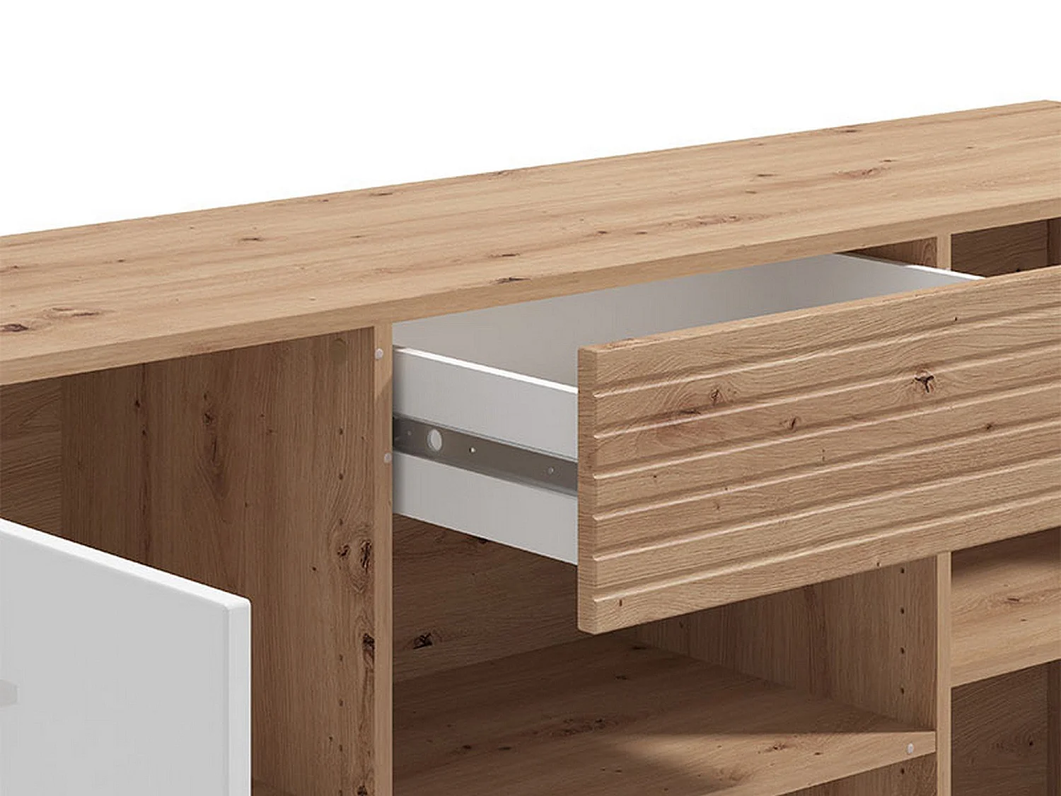 Sideboard Morlupo, eine Schublade, 173x42x88h cm Weiß, Anrichte, 3 Einlegeböden, Türanschlag, Klappe, Schiebetür