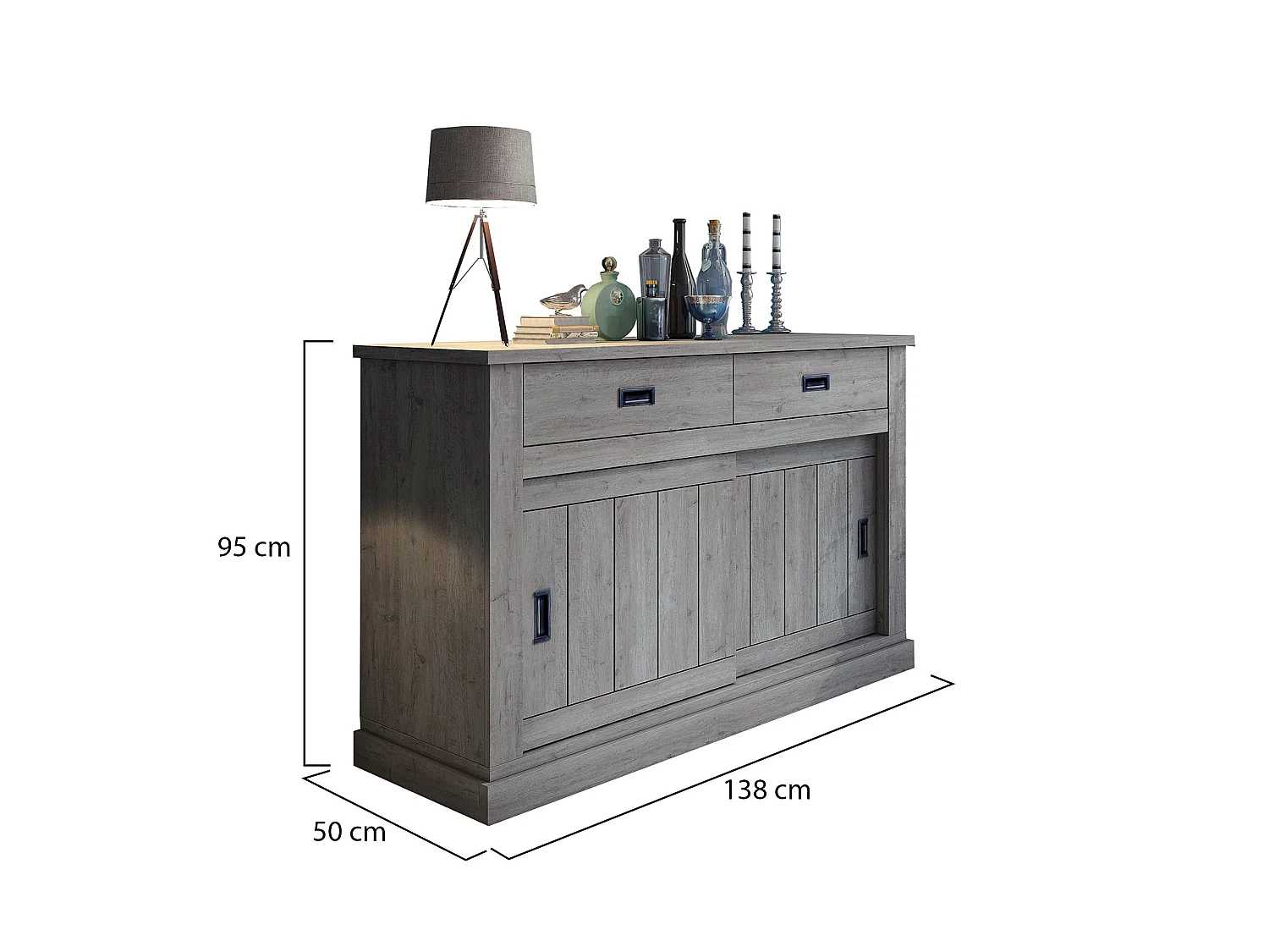 Buffet Lupara, 2 Étages, 138x50x95h cm Chêne Gris, Buffet, 2 Tiroirs, 2 Portes