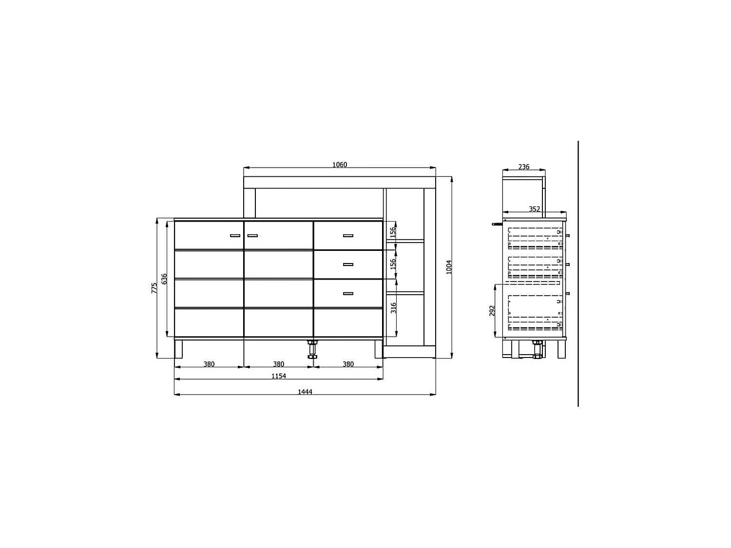 Credenza Valiza, 4 Ripiani, 145x35x101h cm Marrone Rovere Nodi, Madia, 3 Cassetti, 6 Vani