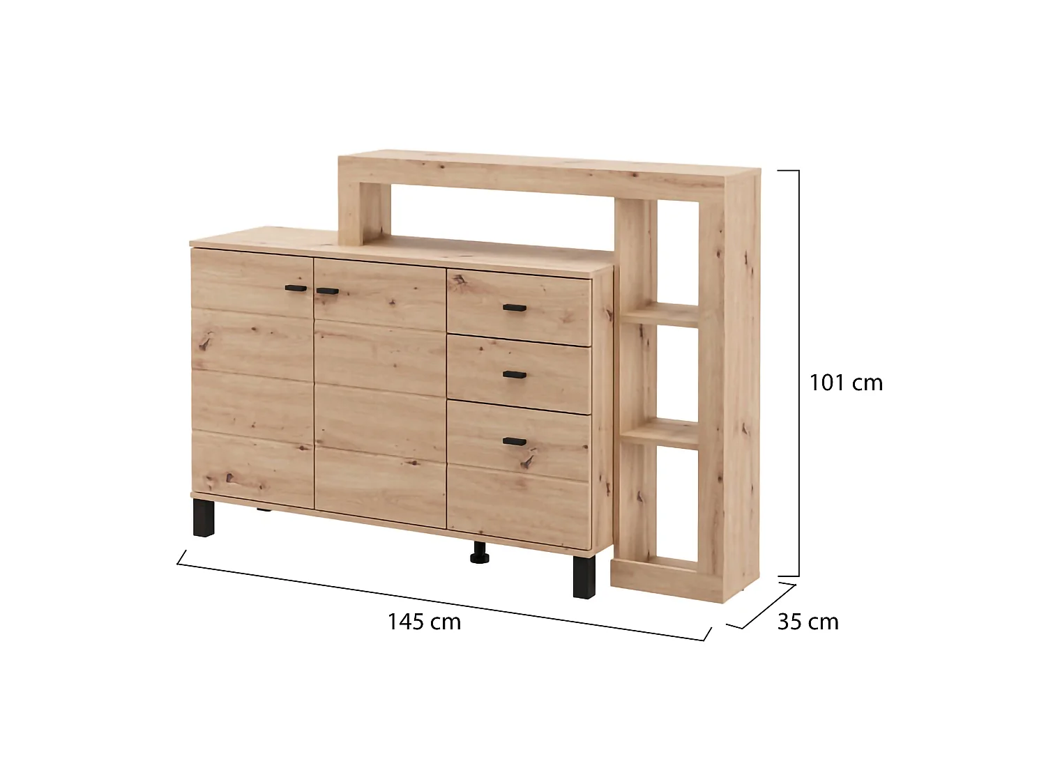 Credenza Valiza, 4 Ripiani, 145x35x101h cm Marrone Rovere Nodi, Madia, 3 Cassetti, 6 Vani