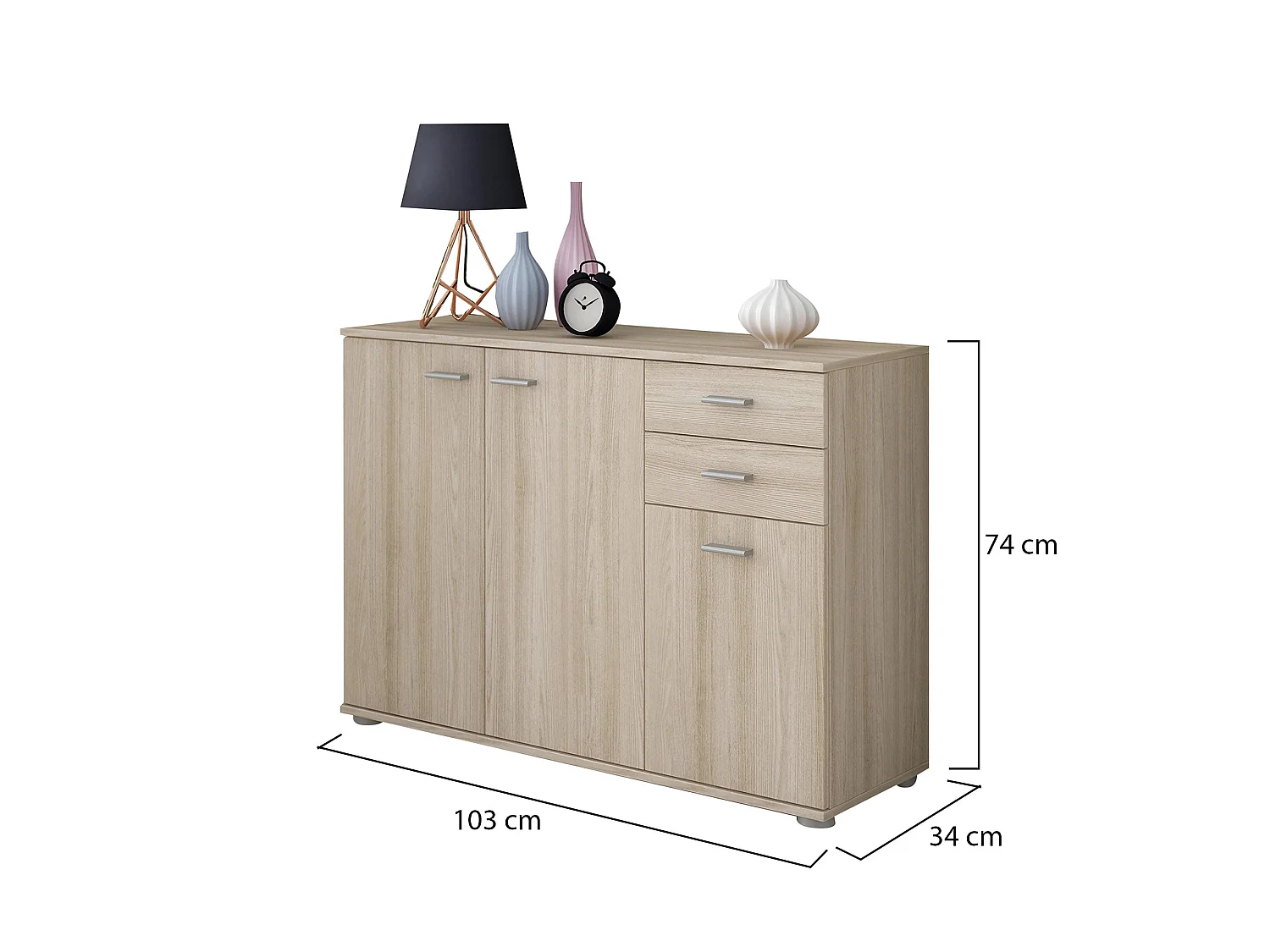 Meldola Sideboard, 2 Schubladen, 103x34x74h cm Eiche Braun, Anrichte, ein Regal, Klapptüren