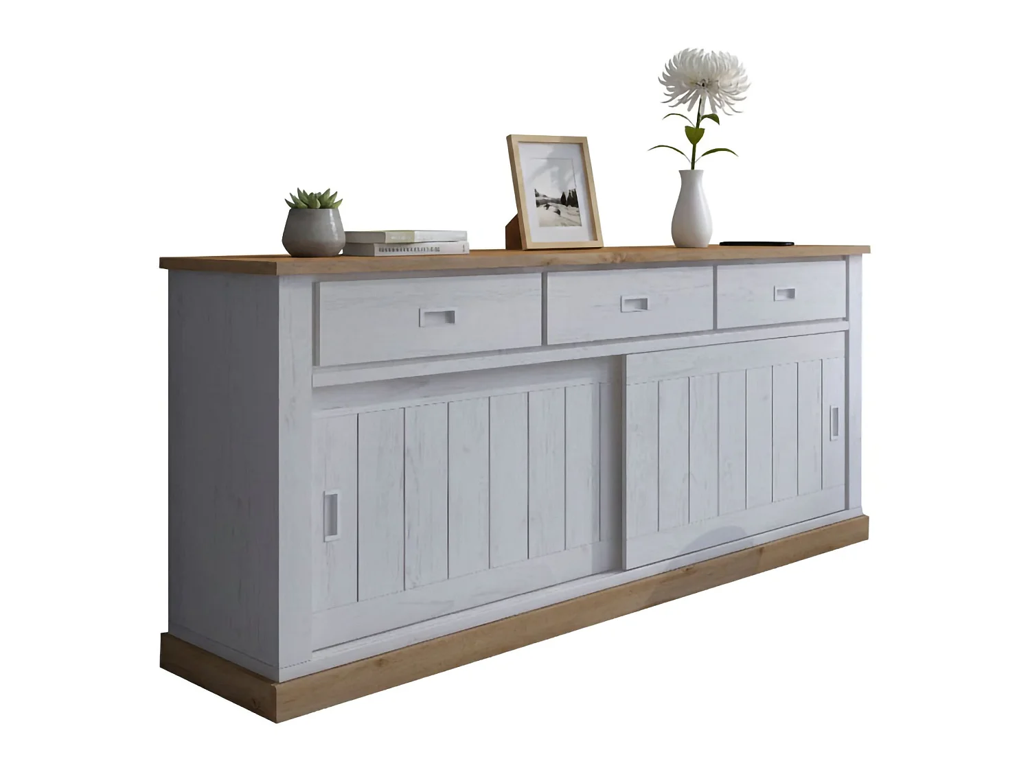 Crédence Malonno, 3 tiroirs, 220x50x95h cm blanc, buffet, 2 étagères, portes coulissantes