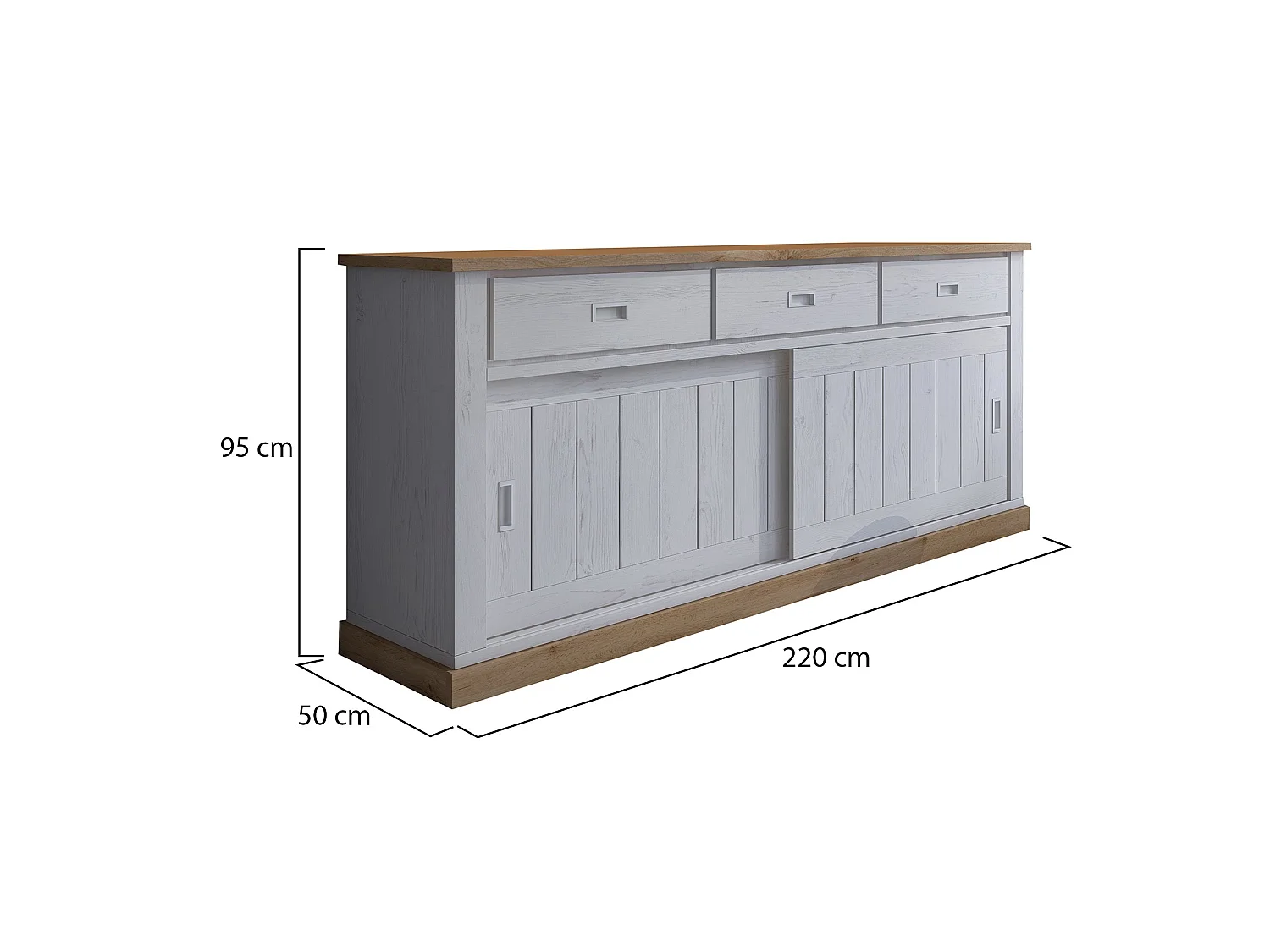 Crédence Malonno, 3 tiroirs, 220x50x95h cm blanc, buffet, 2 étagères, portes coulissantes