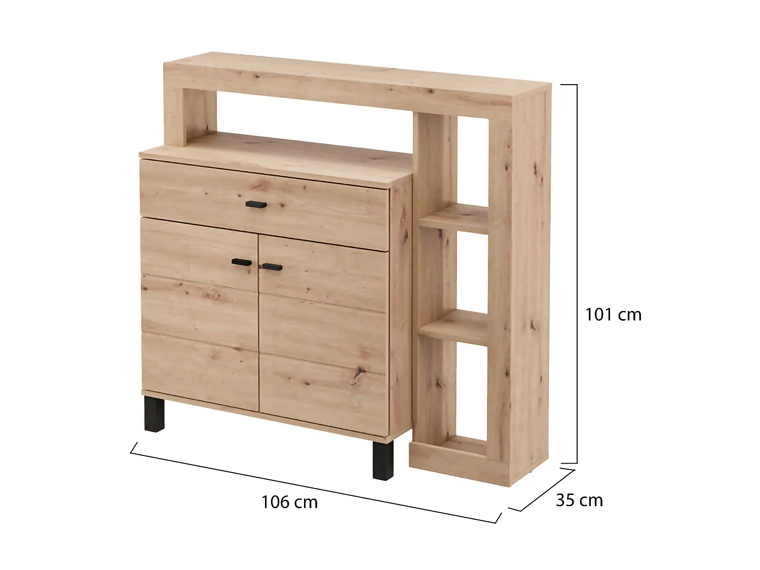 Credenza Banos, un Cassetto, 106x35x101h cm Marrone Rovere Nodi, Madia, 4 Ripiani, Apertura Battente, Scorrevole