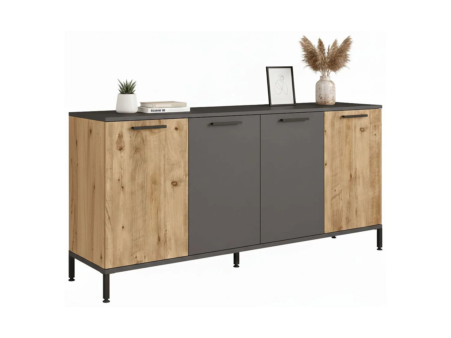 Sideboard Bratislava, 2 Ablagen, 160x40x72h cm Eiche Braun, Anrichte, 4 Türen, 4 Fächer