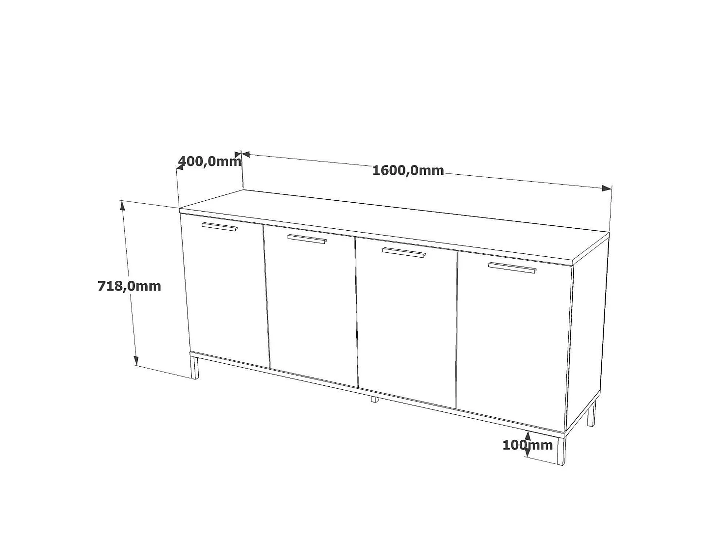 Sideboard Bratislava, 2 Ablagen, 160x40x72h cm Eiche Braun, Anrichte, 4 Türen, 4 Fächer