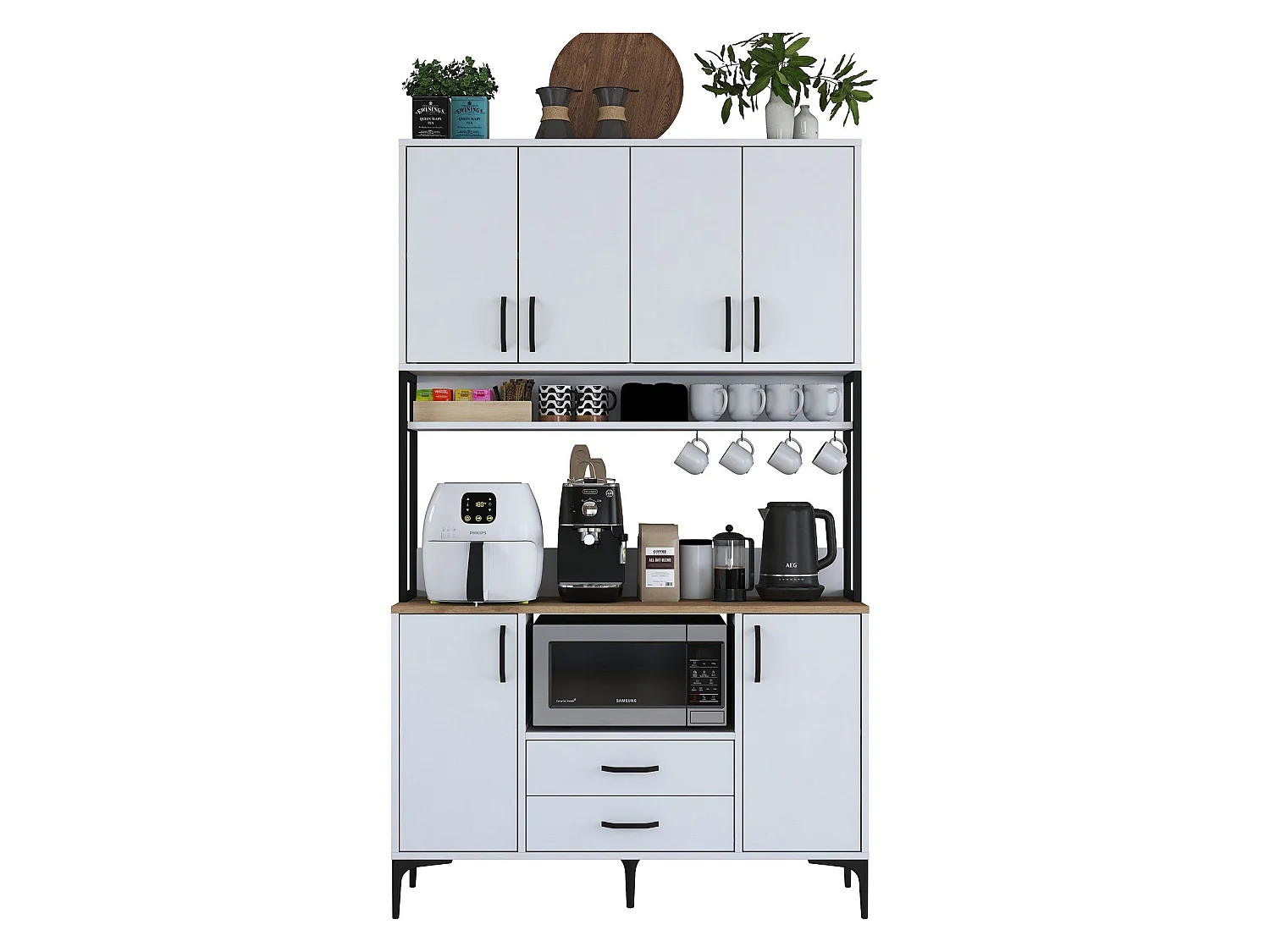 Credenza Mairago, 2 Cassetti, 120x38x199h cm Bianco, Madia, 5 Ripiani, Apertura Battente, Scorrevole