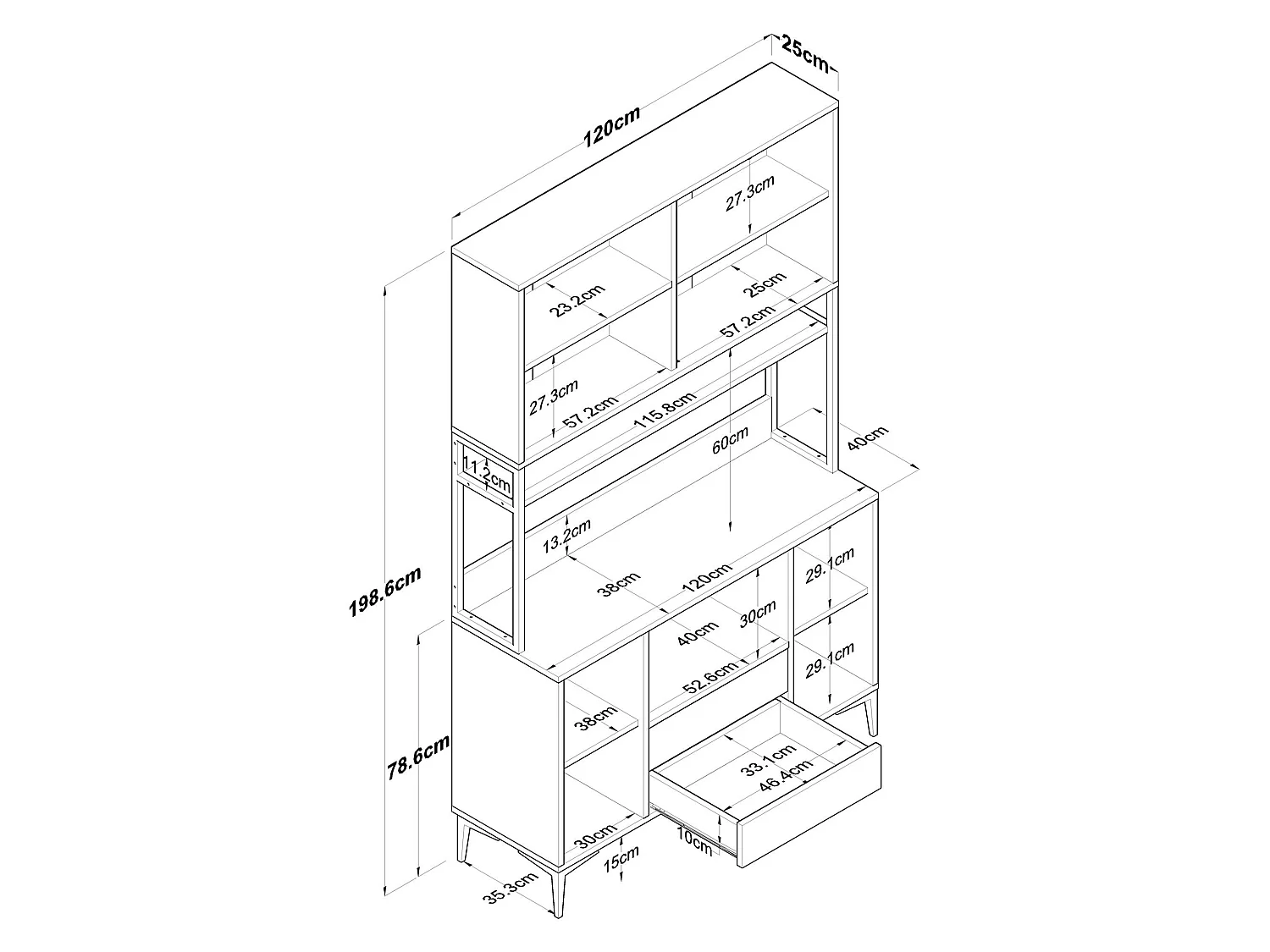 Credenza Mairago, 2 Cassetti, 120x38x199h cm Bianco, Madia, 5 Ripiani, Apertura Battente, Scorrevole