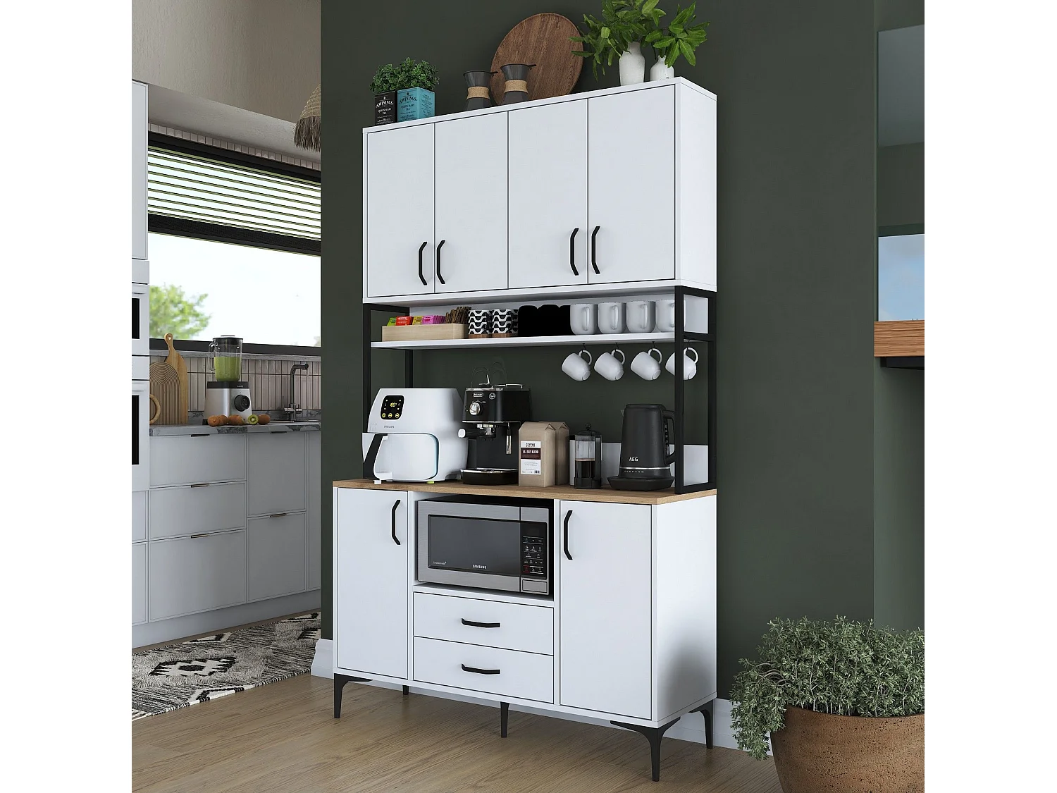 Credenza Mairago, 2 Cassetti, 120x38x199h cm Bianco, Madia, 5 Ripiani, Apertura Battente, Scorrevole