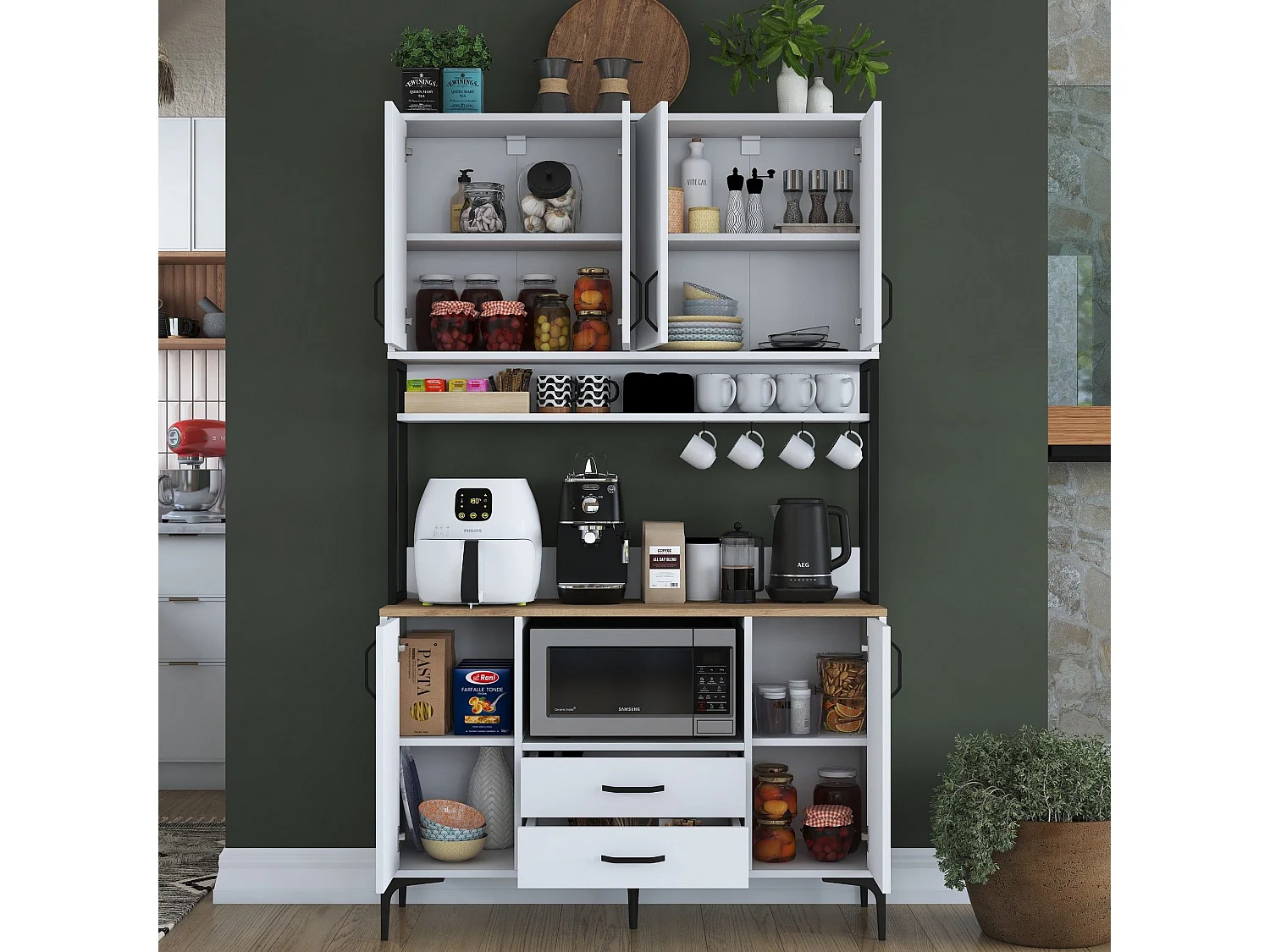 Credenza Mairago, 2 Cassetti, 120x38x199h cm Bianco, Madia, 5 Ripiani, Apertura Battente, Scorrevole