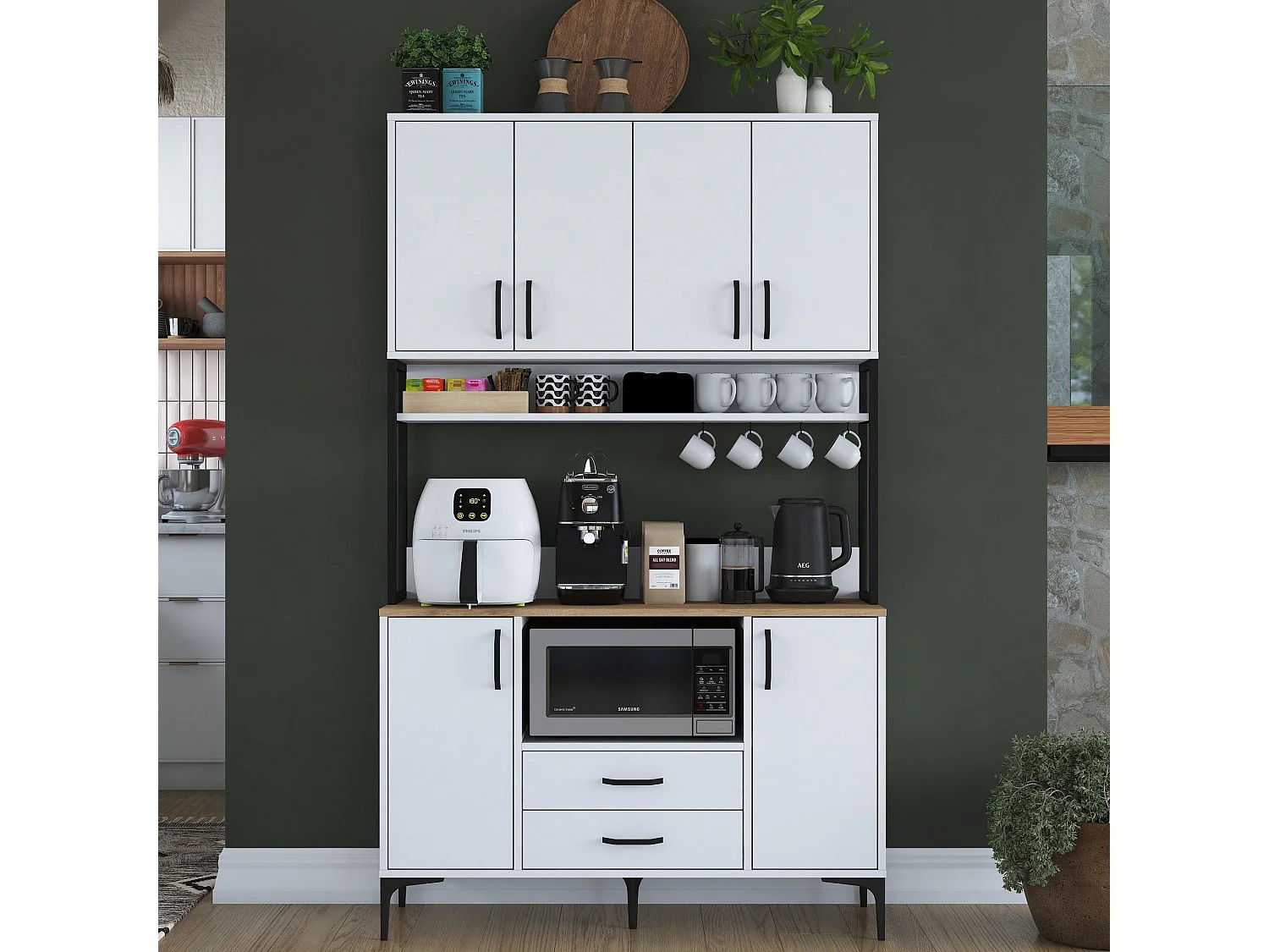 Credenza Mairago, 2 Cassetti, 120x38x199h cm Bianco, Madia, 5 Ripiani, Apertura Battente, Scorrevole