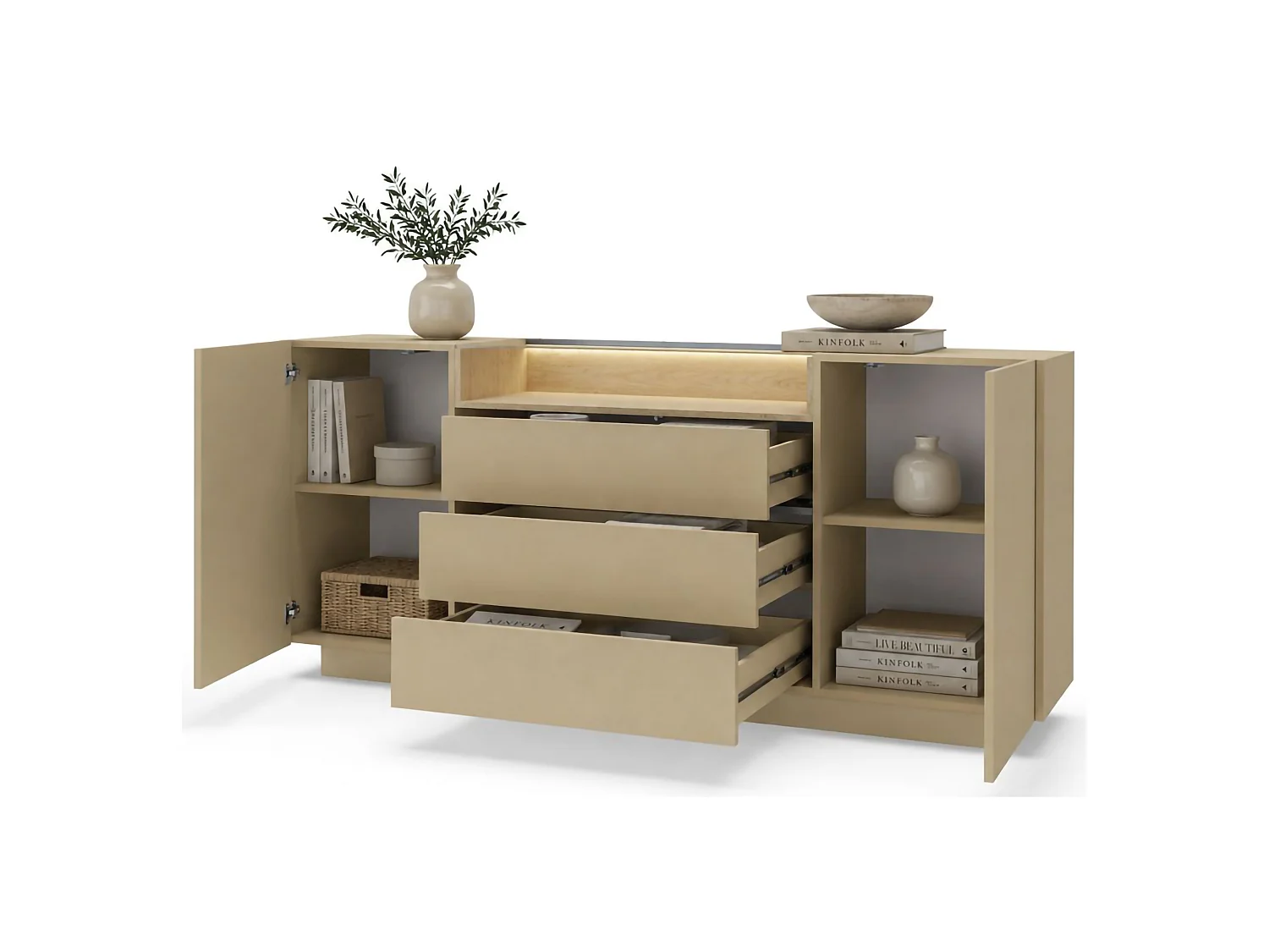 Buffet Haleli, 3 tiroirs, 176x40x83h cm Marron Clair, Enfilade, 2 étagères, Portes battantes, Coulissante