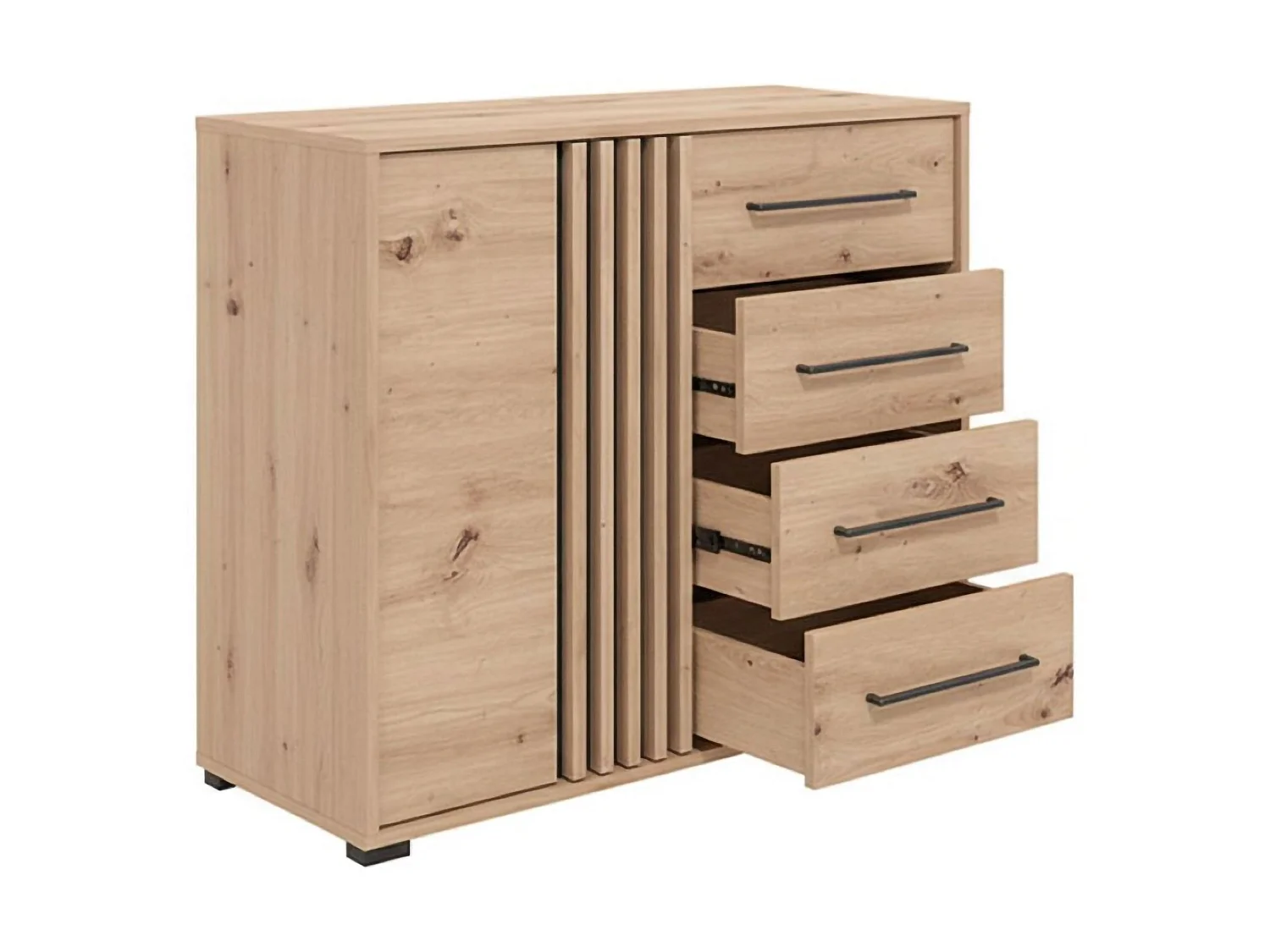 Boscone Sideboard, 4 Schubladen, 93x40x82h cm, Eichenbraun mit Knoten, Anrichte, ein Regal, Klapptür, Schiebetür