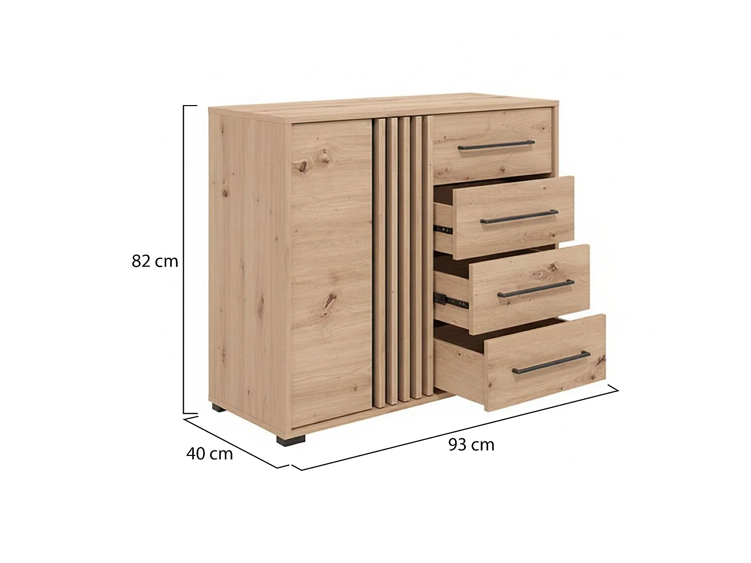 Boscone Sideboard, 4 Schubladen, 93x40x82h cm, Eichenbraun mit Knoten, Anrichte, ein Regal, Klapptür, Schiebetür