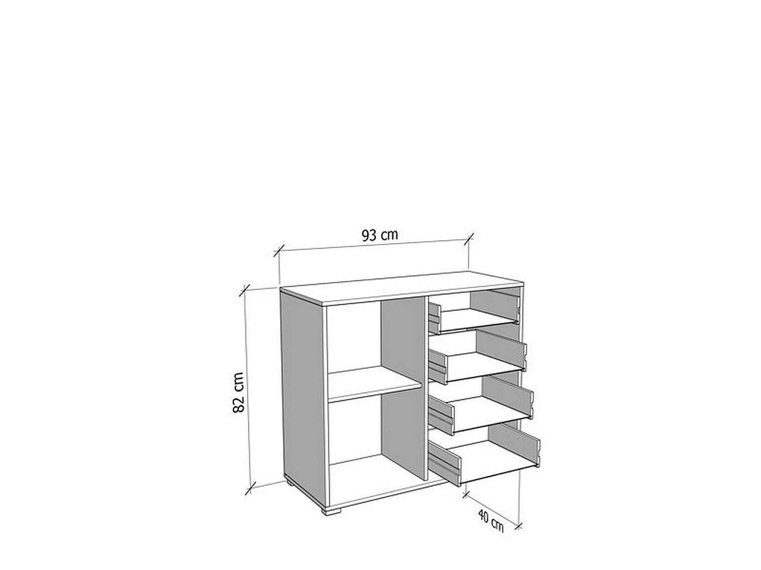 Boscone Sideboard, 4 Schubladen, 93x40x82h cm, Eichenbraun mit Knoten, Anrichte, ein Regal, Klapptür, Schiebetür