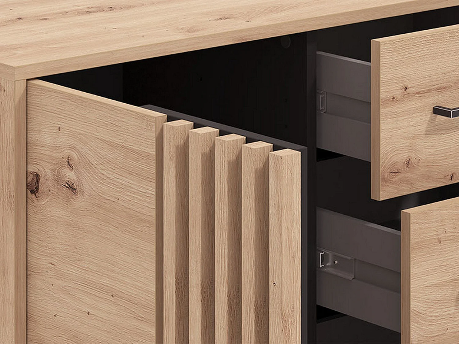 Boscone Sideboard, 4 Schubladen, 93x40x82h cm, Eichenbraun mit Knoten, Anrichte, ein Regal, Klapptür, Schiebetür