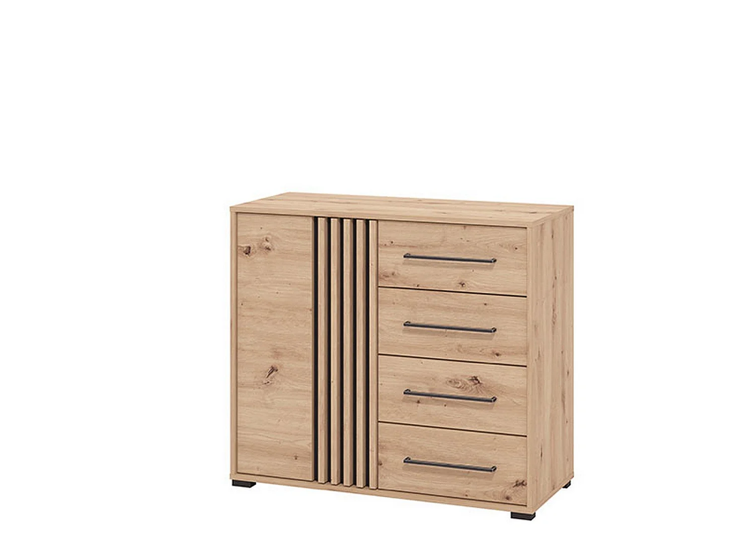 Boscone Sideboard, 4 Schubladen, 93x40x82h cm, Eichenbraun mit Knoten, Anrichte, ein Regal, Klapptür, Schiebetür
