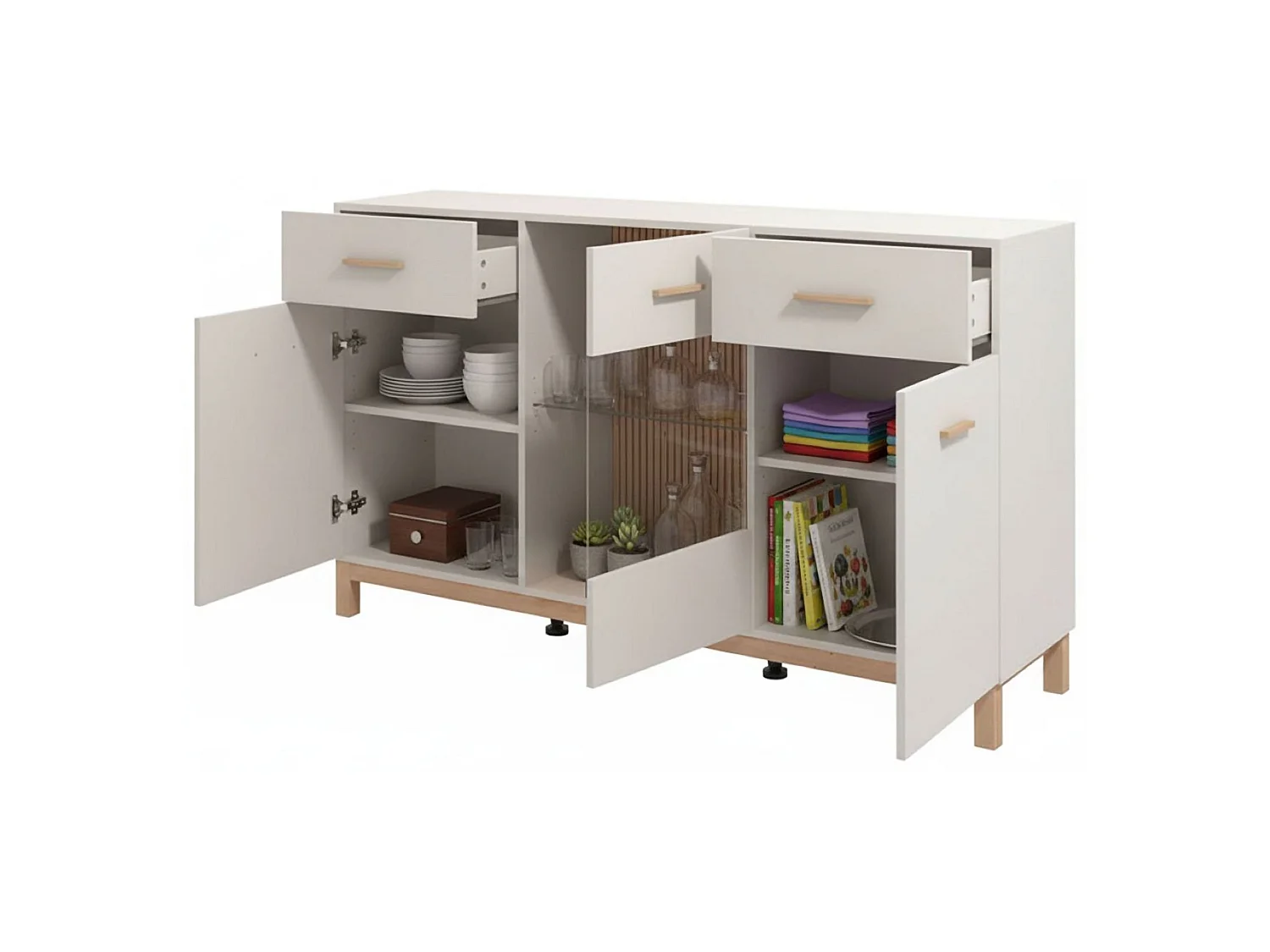 Buffet Nereto, 2 tiroirs, 154x42x89h cm Blanc Crème, Enfilade, 3 étagères, Portes battantes, coulissantes