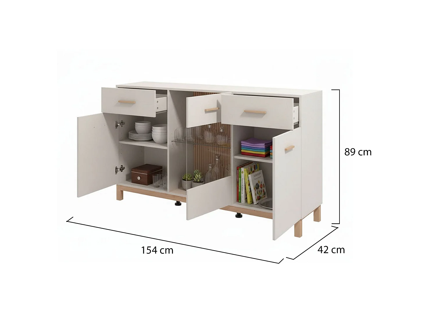 Buffet Nereto, 2 tiroirs, 154x42x89h cm Blanc Crème, Enfilade, 3 étagères, Portes battantes, coulissantes