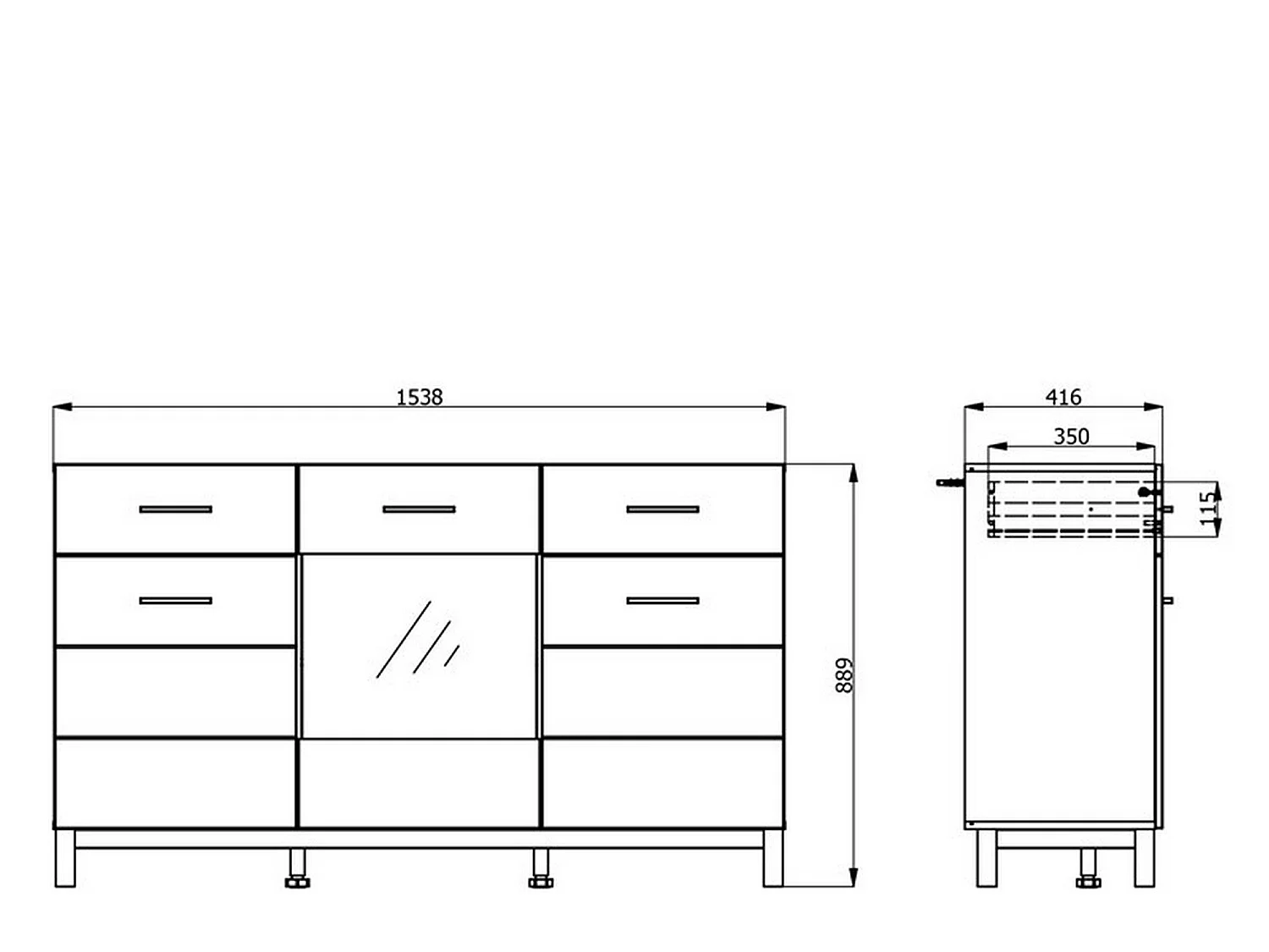 Buffet Nereto, 2 tiroirs, 154x42x89h cm Blanc Crème, Enfilade, 3 étagères, Portes battantes, coulissantes