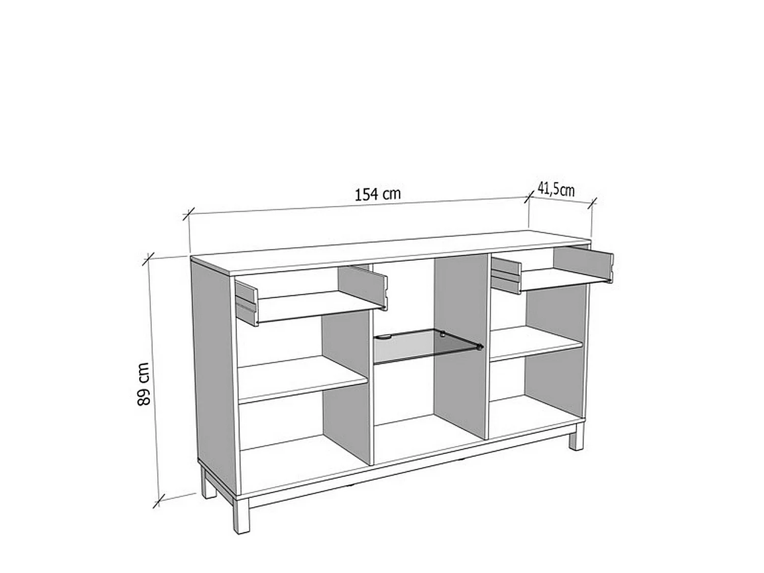 Buffet Nereto, 2 tiroirs, 154x42x89h cm Blanc Crème, Enfilade, 3 étagères, Portes battantes, coulissantes